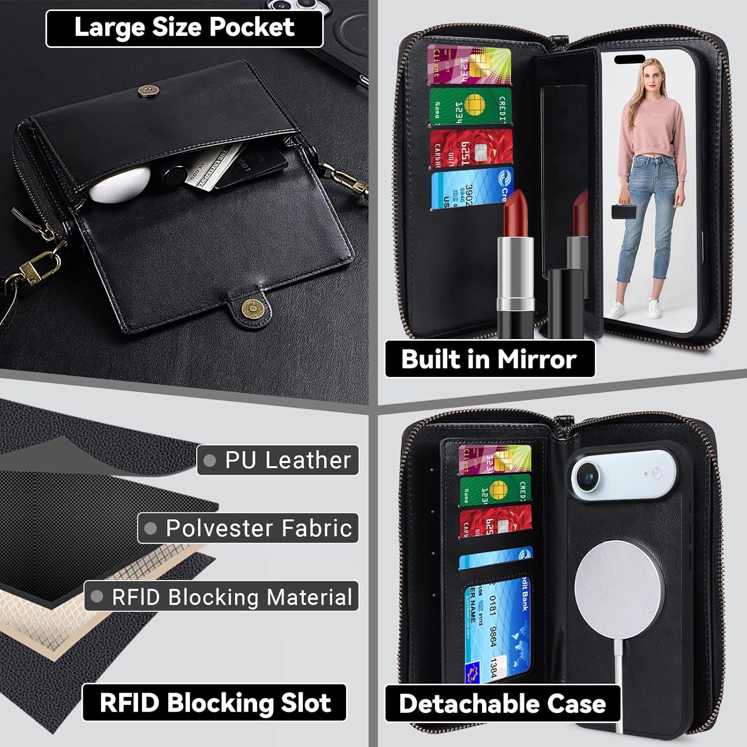 Lacass for iPhone 17 Air Detachable Crossbody Wallet Case, Compatible with MagSafe Magnetic 2 in 1 RFID Blocking PU Leather Wallet Cover Card Holder Zipper Make Up Mirror (Black) - Image 4