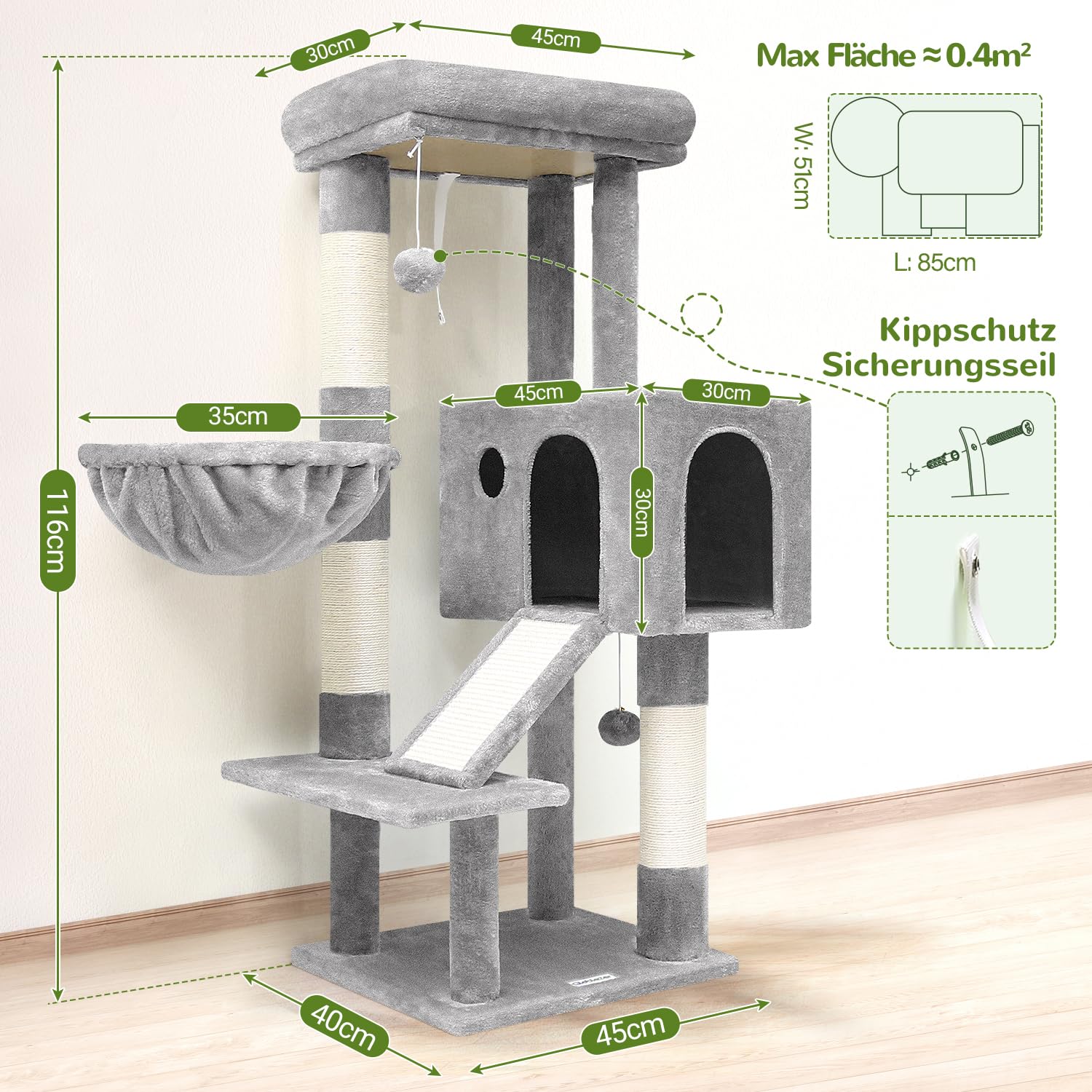Globlazer Kratzbaum Große Stabil mit 8 cm Dicker Stamm Sisal Katzenhaus Gepolsterte Sitzstangen Korb Kratzrampe Plüsch Spielzeug, Katzenbaum hoch 116 cm für Kitten Groß Katzen (S45, Hellgrau)