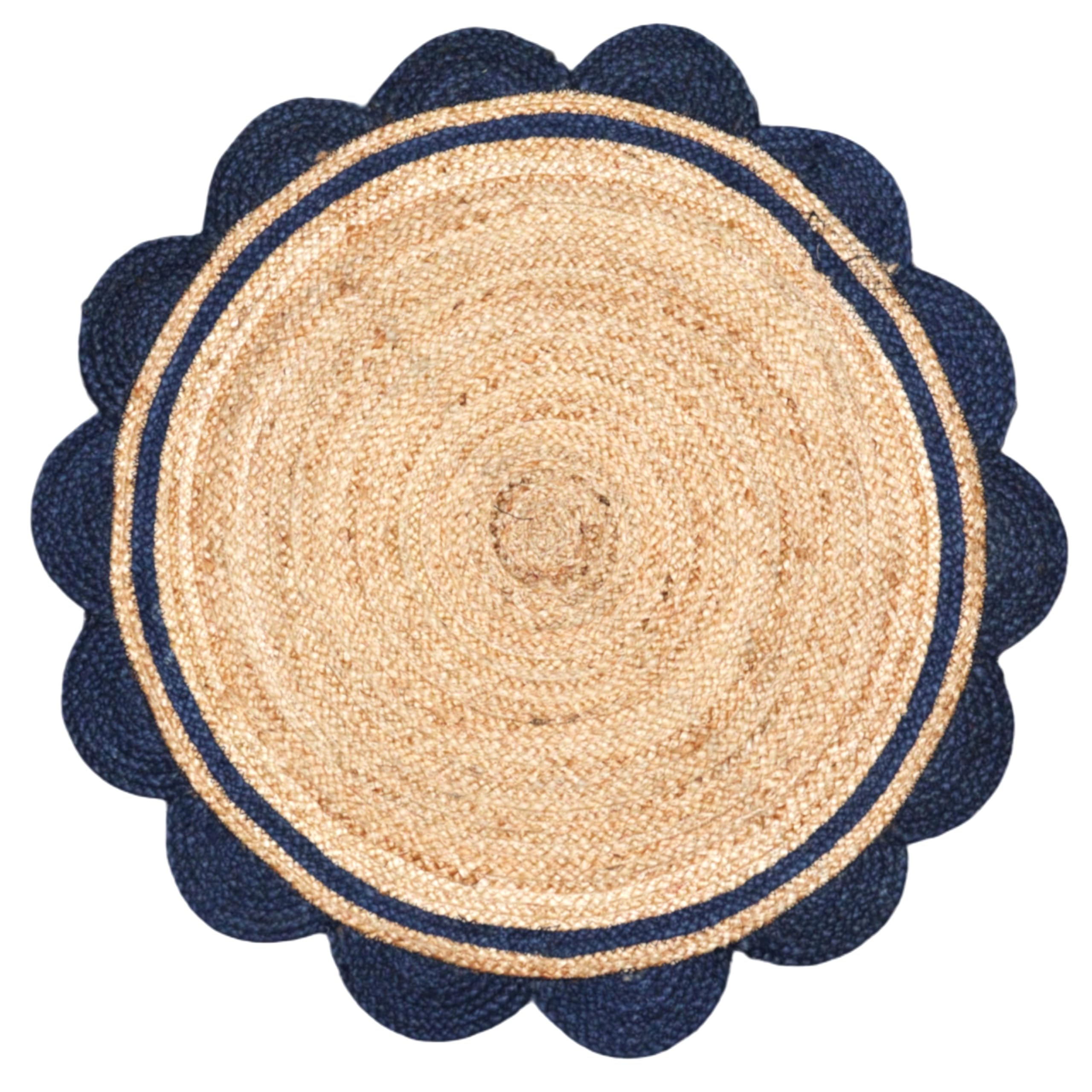 Tappeto decorativo in iuta, 90 x 90 cm, blu navy e beige