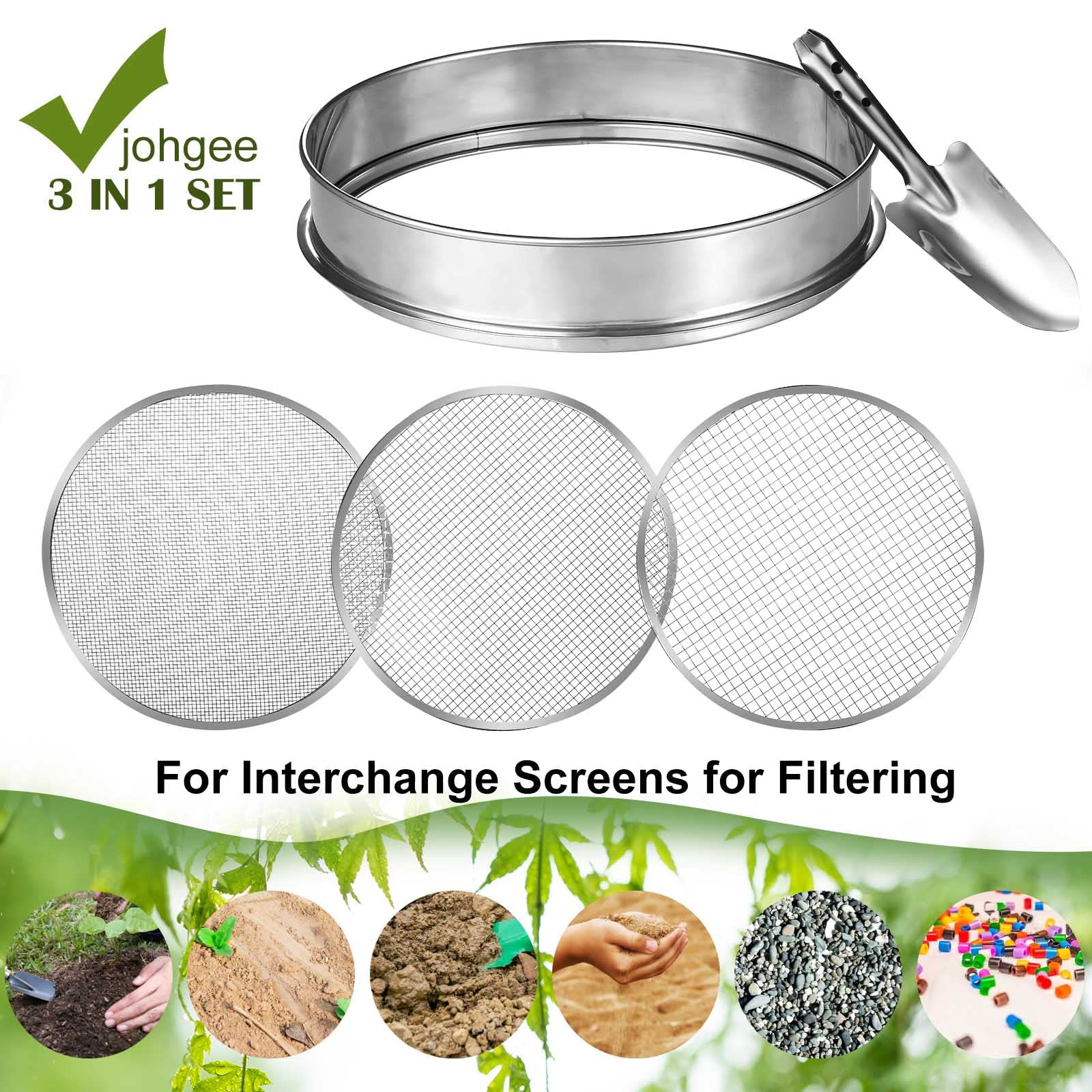johgee Setaccio da giardino 3 in 1 in acciaio inox, setaccio resistente alle intemperie, con 3 setacci intercambiabili Ø 3.6.9mm + vanga manuale lunga 26 cm per terra, pietre, compost, sabbia