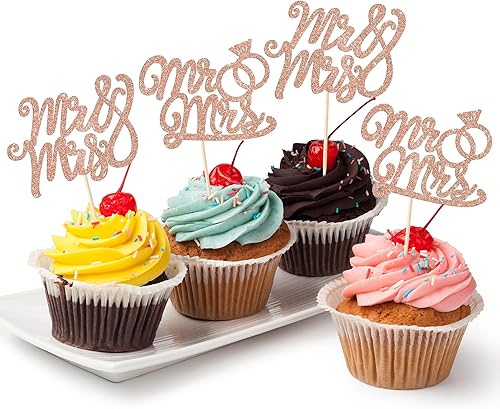 Rsstarxi Paquete de 36 adornos para cupcakes con purpurina de Mr & Mrs con anillo de diamantes, decoración para despedidas de soltera, bodas,