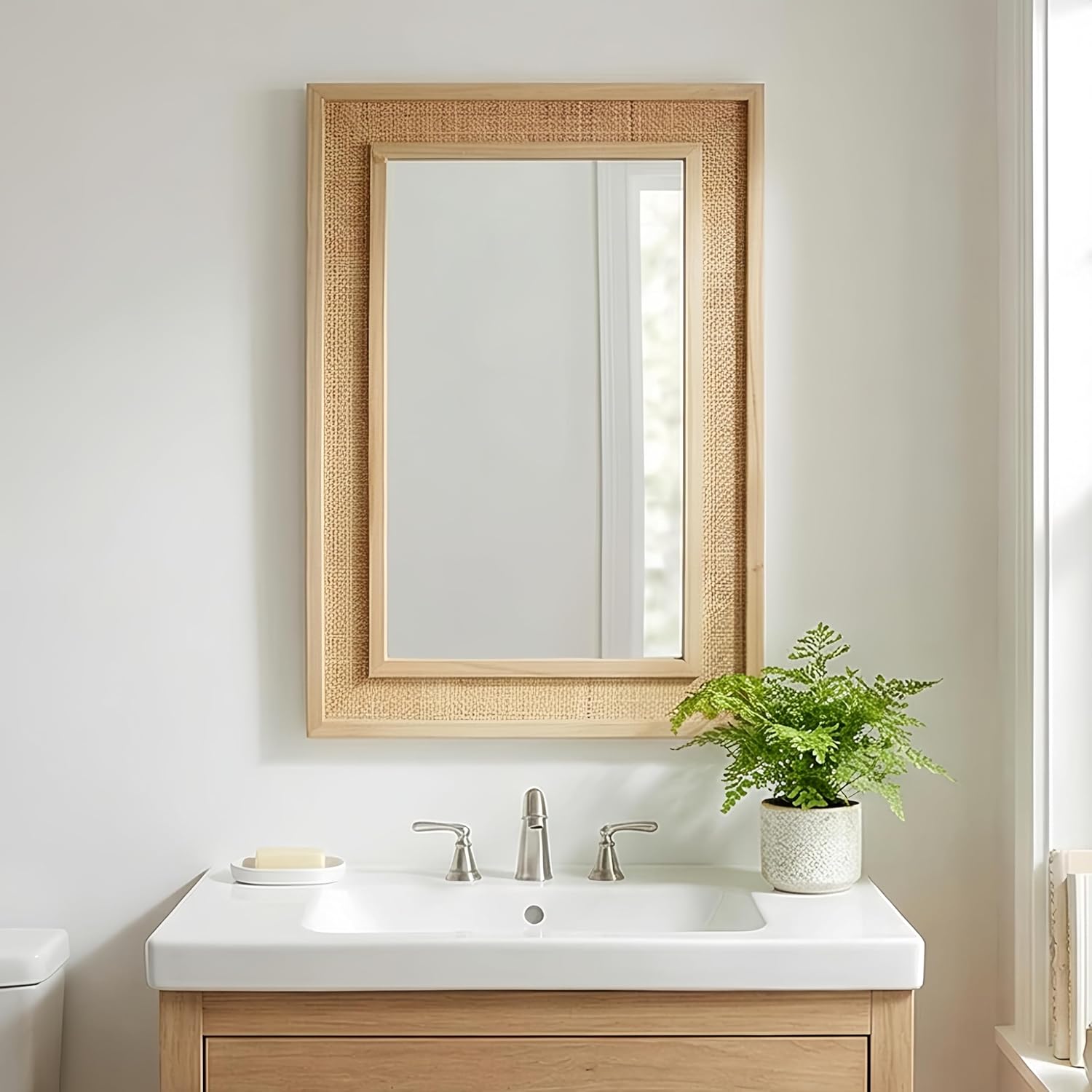 Rattan Rectangle Wall Mirror with Solid Wood Frame, Farmhouse Decorative Mirror for Bathroom, Living Room, Entryway, Bedroom, Rustic Boho Wall Mounted Mirror