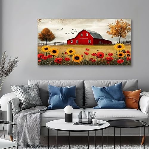 Miniatura 4 de 30"x 60" Canvas Wall Art Fall Sunflower Barn Rustic Farmhouse Landscape Vintage Modern Yellow Framed Pictures Painting Print Large Wall Art for