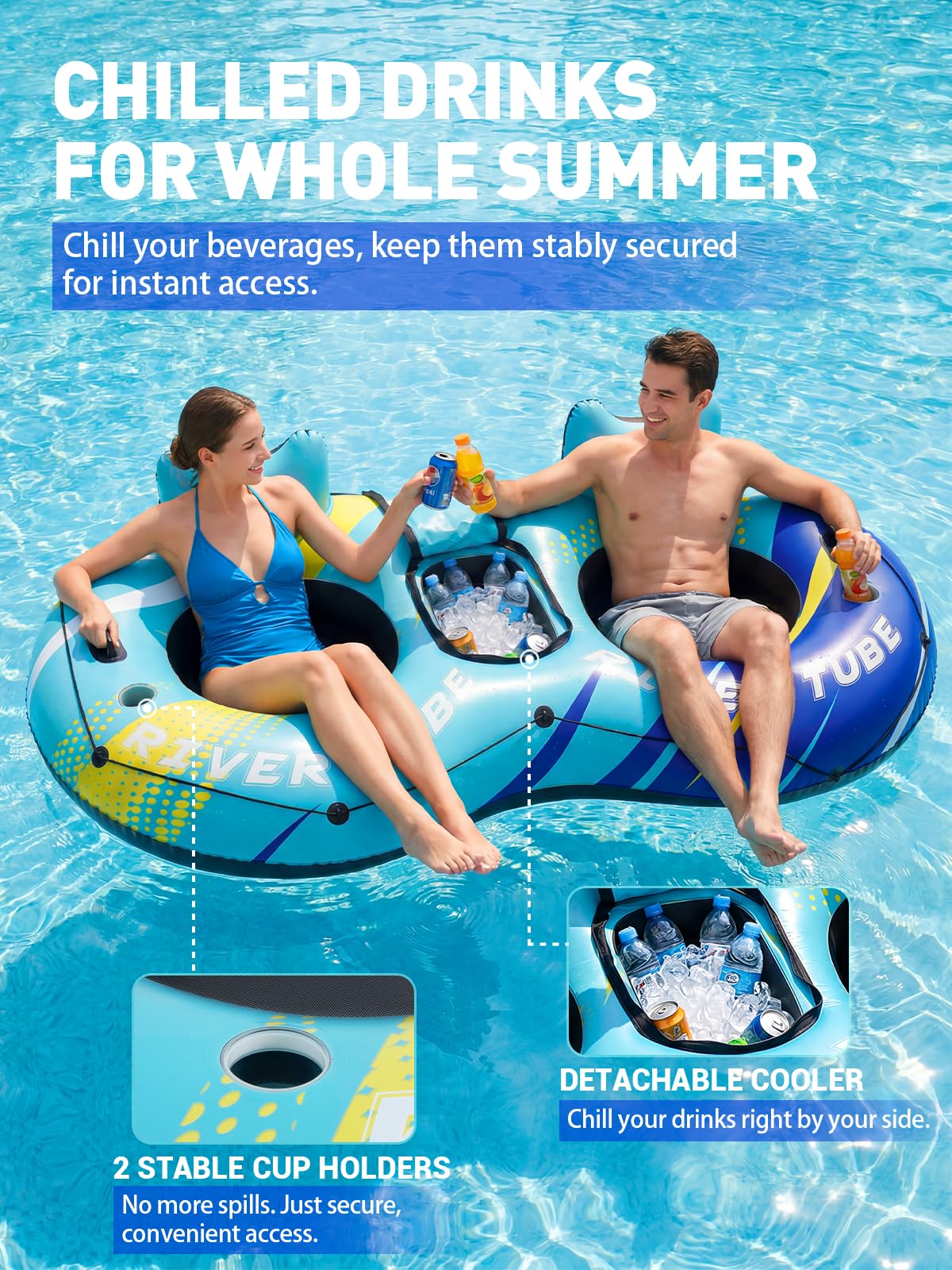 Aufblasbarer Flussreifen, robuster Schwimmreifen mit Kühlbox und Getränkehaltern für Fluss, Pool, See und Strand, ergonomische Rückenlehne, strapazierfähige Grif