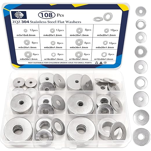 ZQZ 108Pcs Flat Washers, 304 Stainless Steel Fender Washers Assortment, 12 Different Sizes Wide Washer M3 M4 M5 M6 M8 M10 M12 Assorted Flatwashers Kit