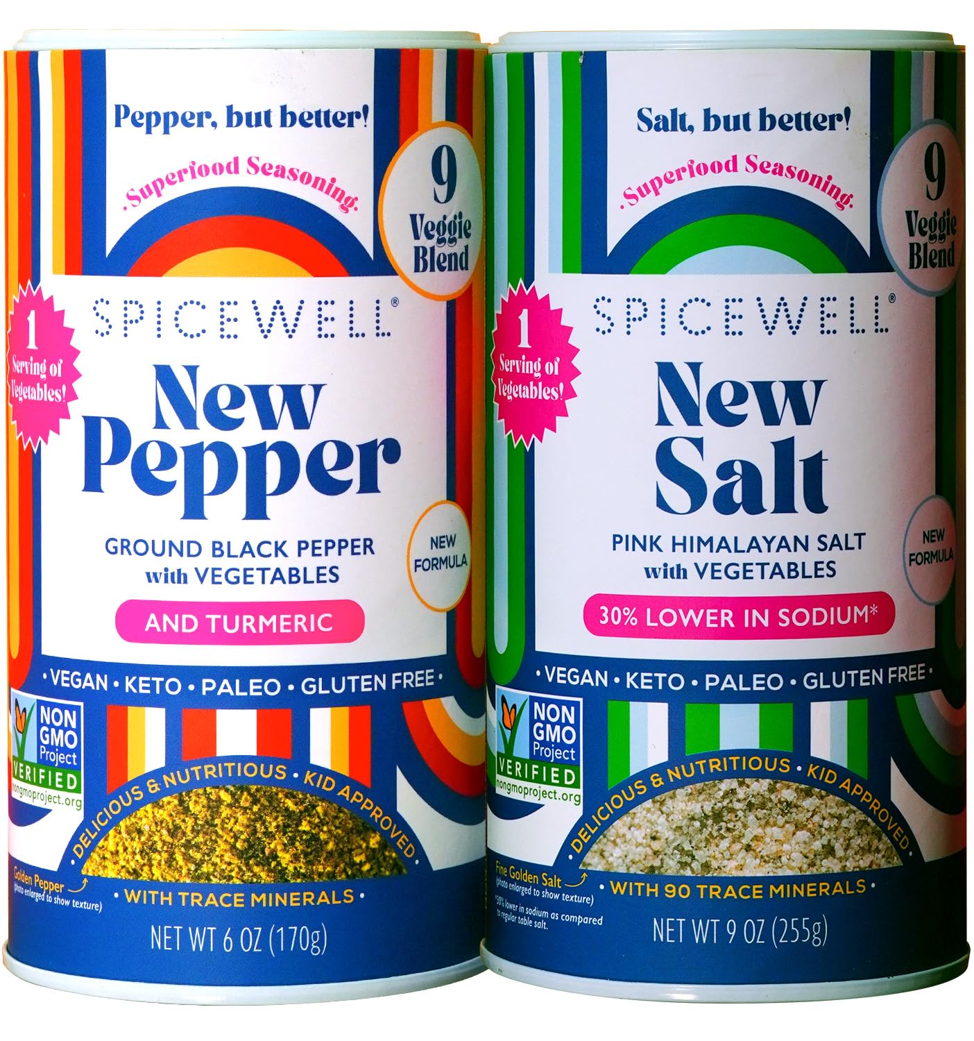 Spicewell - New Salt and New Pepper Shaker Duo - Light and Earthy - Reduced Sodium Himalayan Pink Salt and Black Pepper with Turmeric - Fine Ground