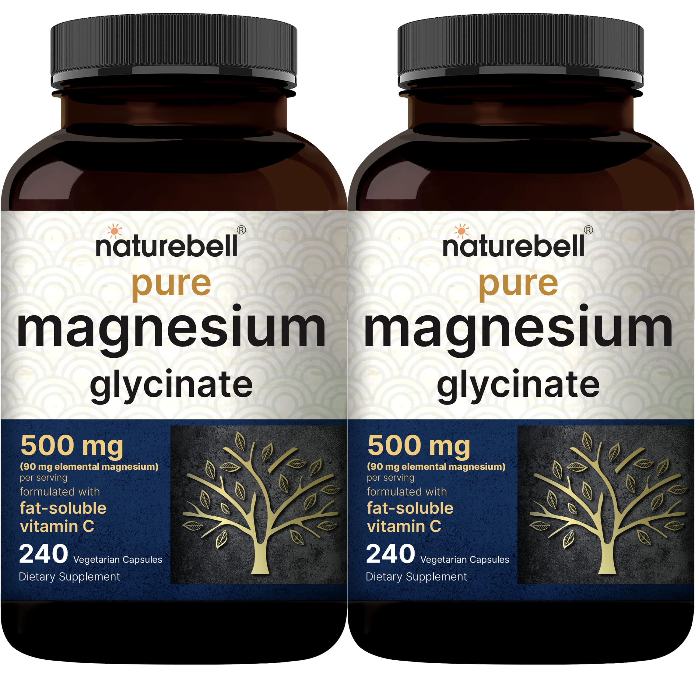 Pure Magnesium Glycinate 500mg with Fat Soluble Vitamin C, 480 Veggie Capsules (2 Pack) – 100% Chelated & Purified – 3rd Party Tested, Filler Free, Vegan Friendly, Non-GMO