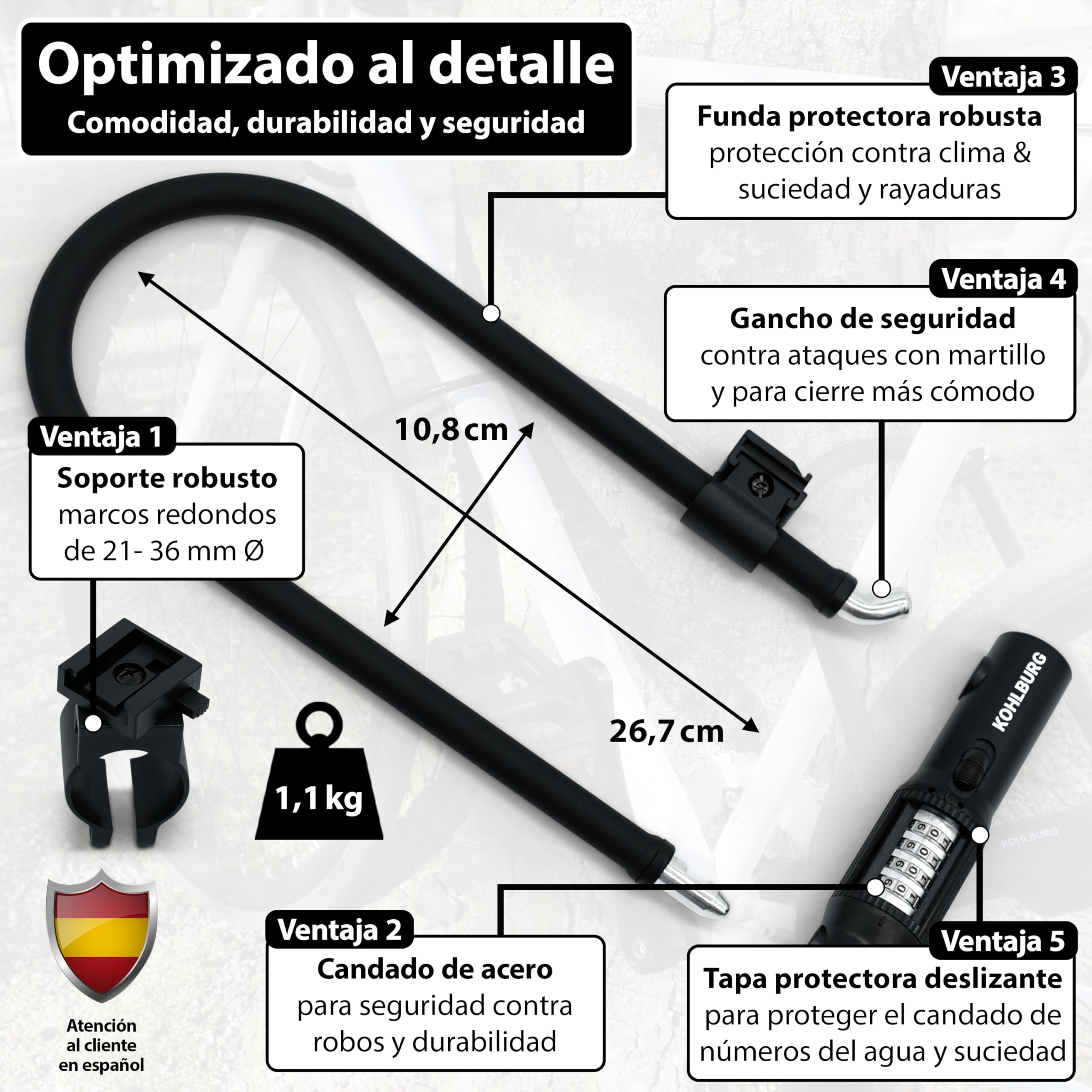 KOHLBURG Antirrobo de horquilla de combinación para bicicleta con soporte