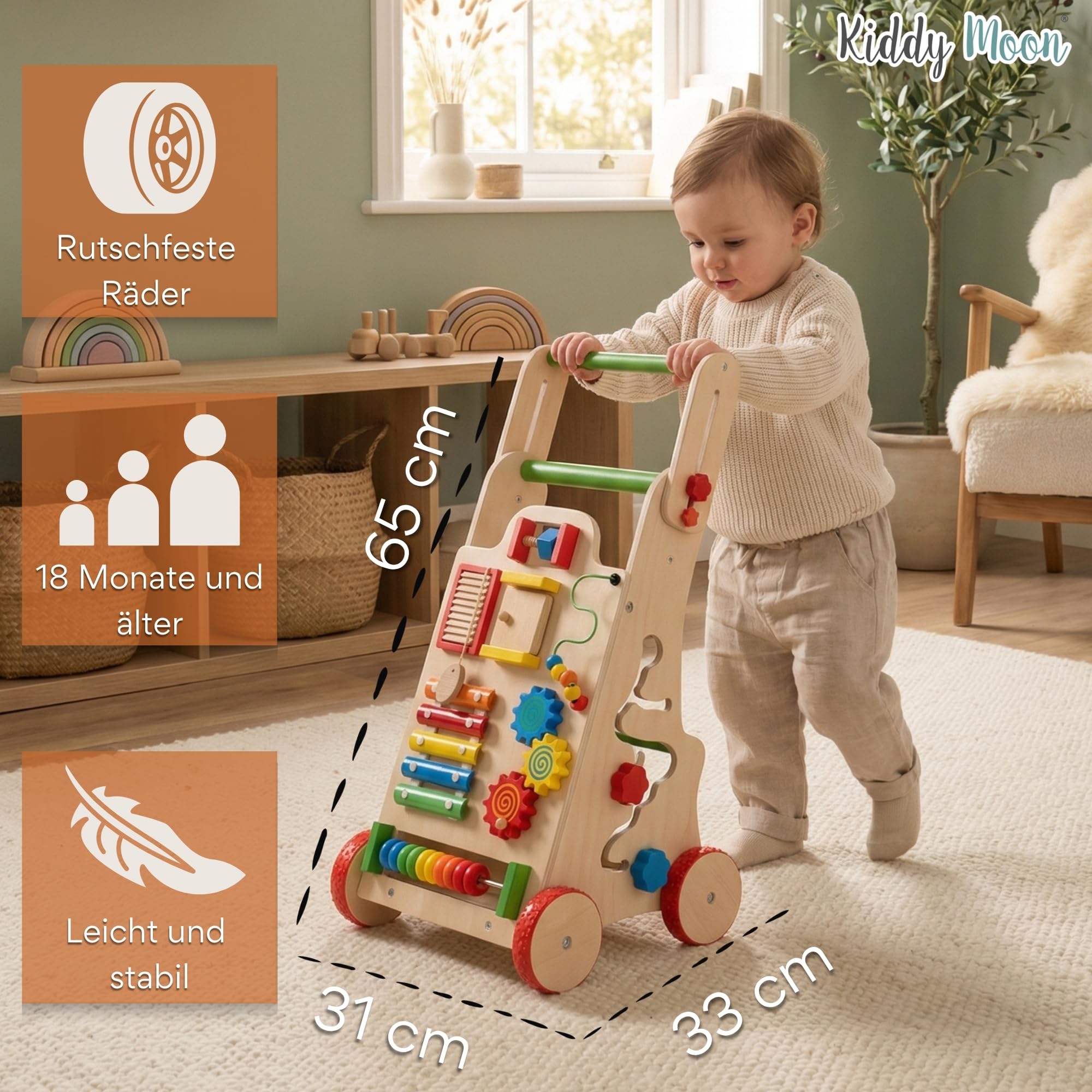 KiddyMoon Lauflernwagen Aus Holz Für Kinder Lauflernhilfe Spaß Babys, Laufen Lernen, Multifunktion Holzspielzeug Für Kleinekinder Montessori-Spielzeug, WK-002, Mehrfarbig