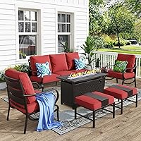 Vista 65 de MFSTUDIO Juego de muebles de patio de 6 piezas con mesa de fogata de gas de 45 pulgadas (hasta 7 asientos), sofás de conversación de patio con marco