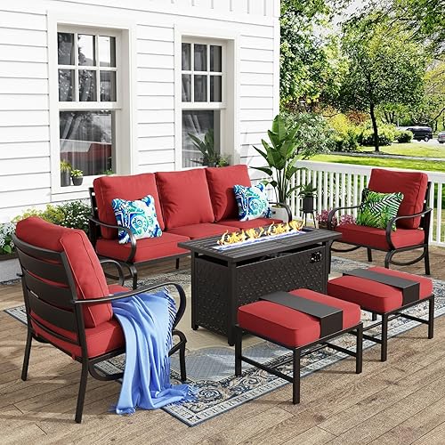 Miniatura 66 de MFSTUDIO Juegos de muebles de patio con mesa de fogata de gas de 45 pulgadas, 8 piezas de conversación de metal para exteriores con 1 sofá de 3