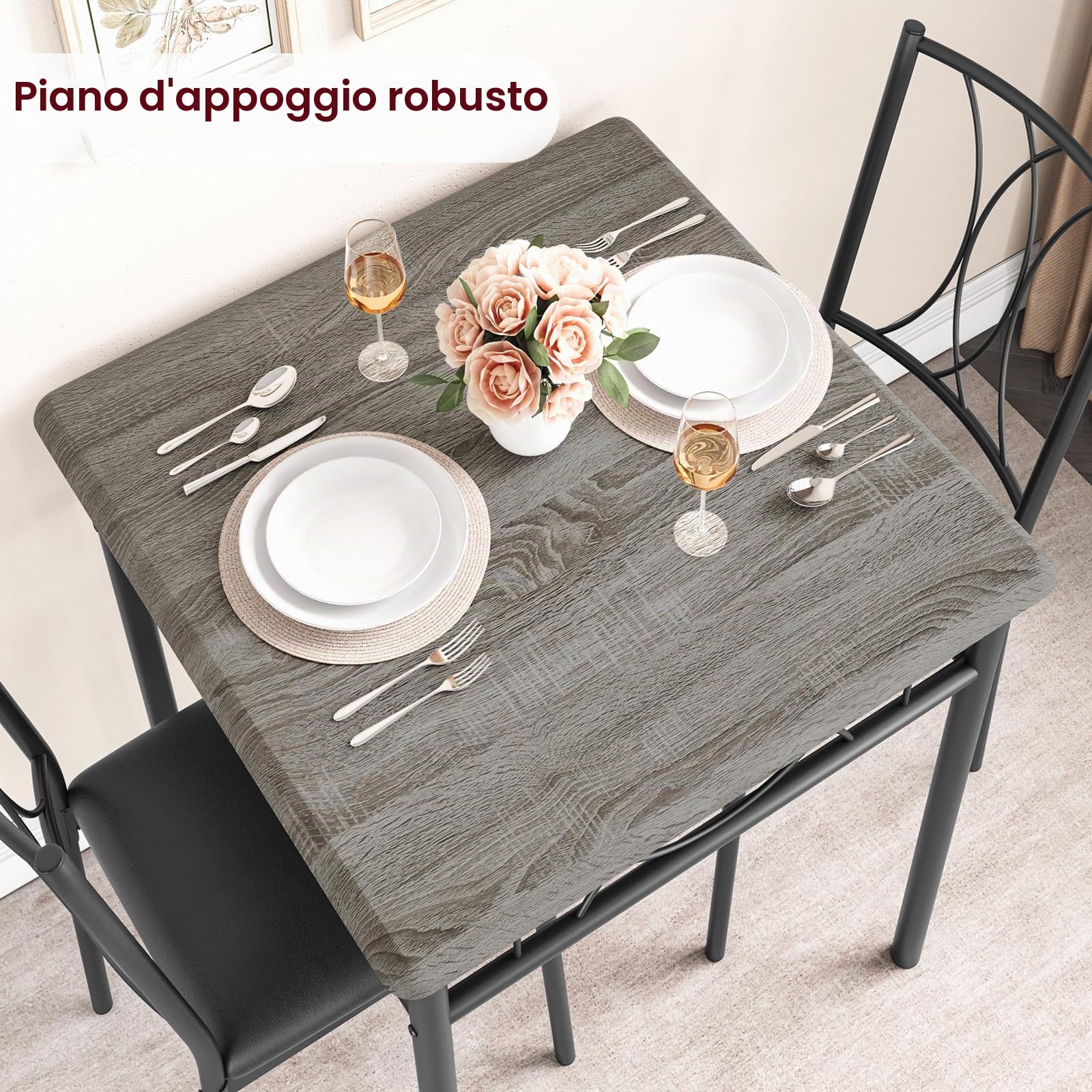 Set tavolo da pranzo 3 pezzi per 2 persone - Tavolo quadrato salvaspazio - Struttura in legno e metallo - Ideale per cucina o sala da pranzo di piccoli spazi e monolocali - Stile rustico