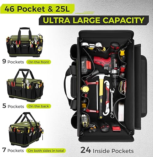 Miniatura 3 de Bolsa de herramientas resistente de 16 pulgadas, 46 bolsillos, bolsa de herramientas para electricista para hombres con parte inferior dura y