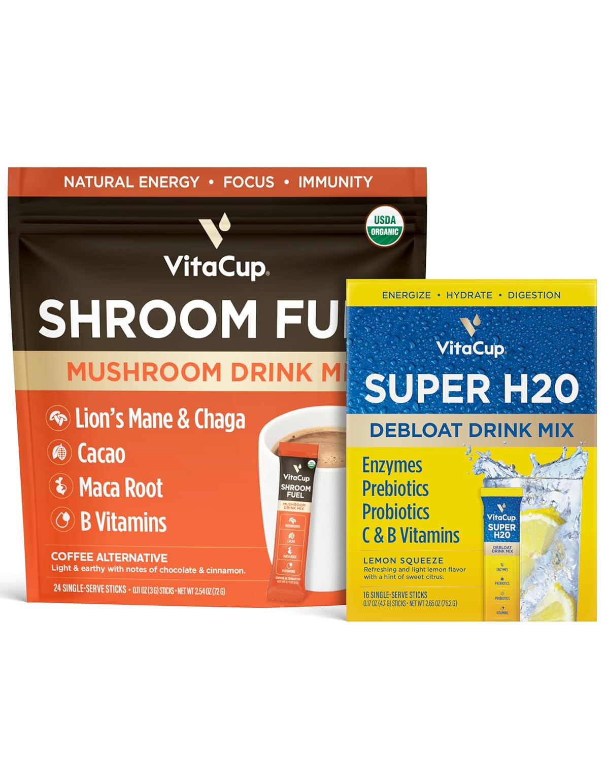 VitaCup Instant Packets Super H2O Lemon 16ct & Shroom Fuel 24ct