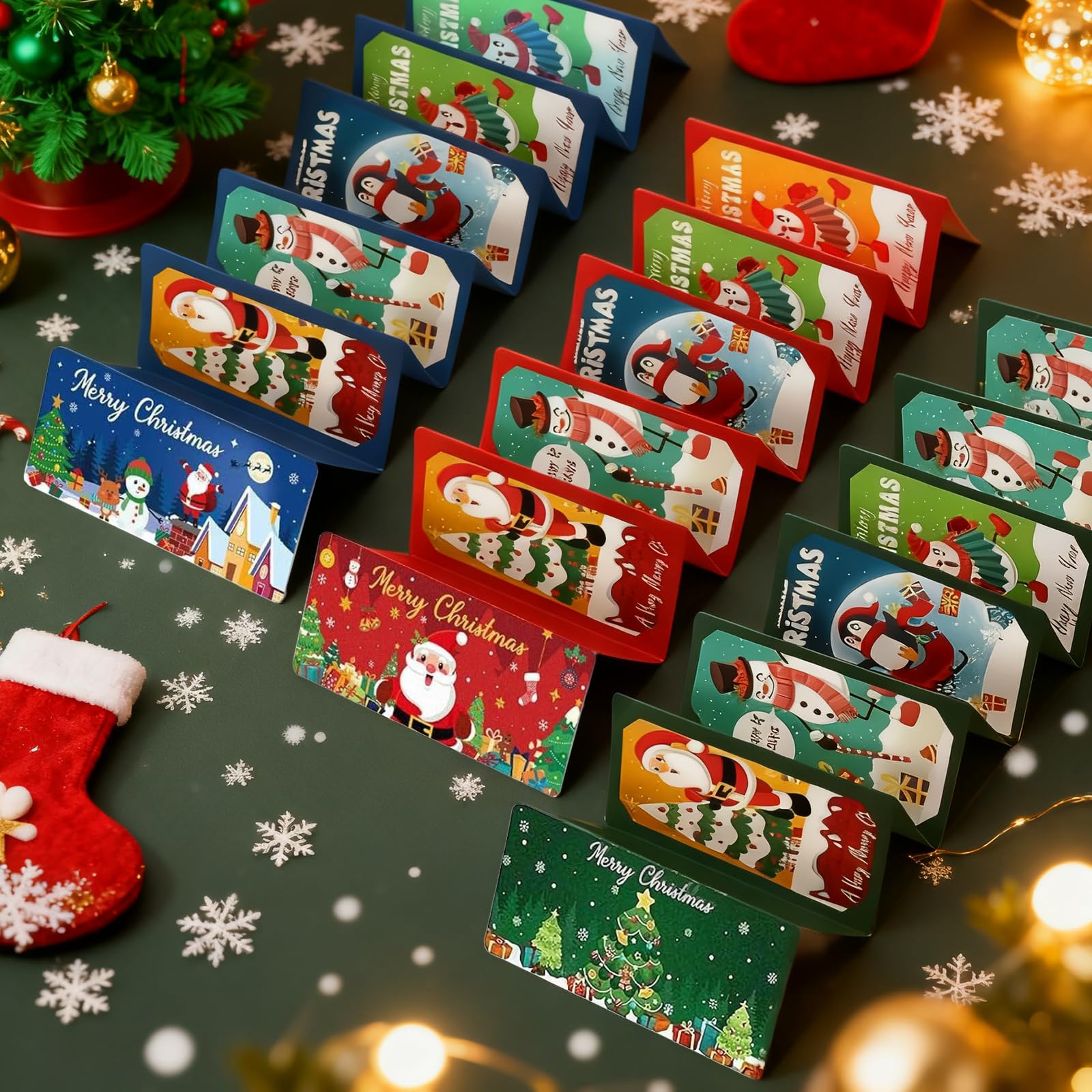 Lot de 3 porte-billets de Noël ou de cartes cadeaux, porte-monnaie pour surprise de Noël, avec 10 compartiments, convient pour la famille et les amis (rouge, bleu et vert)