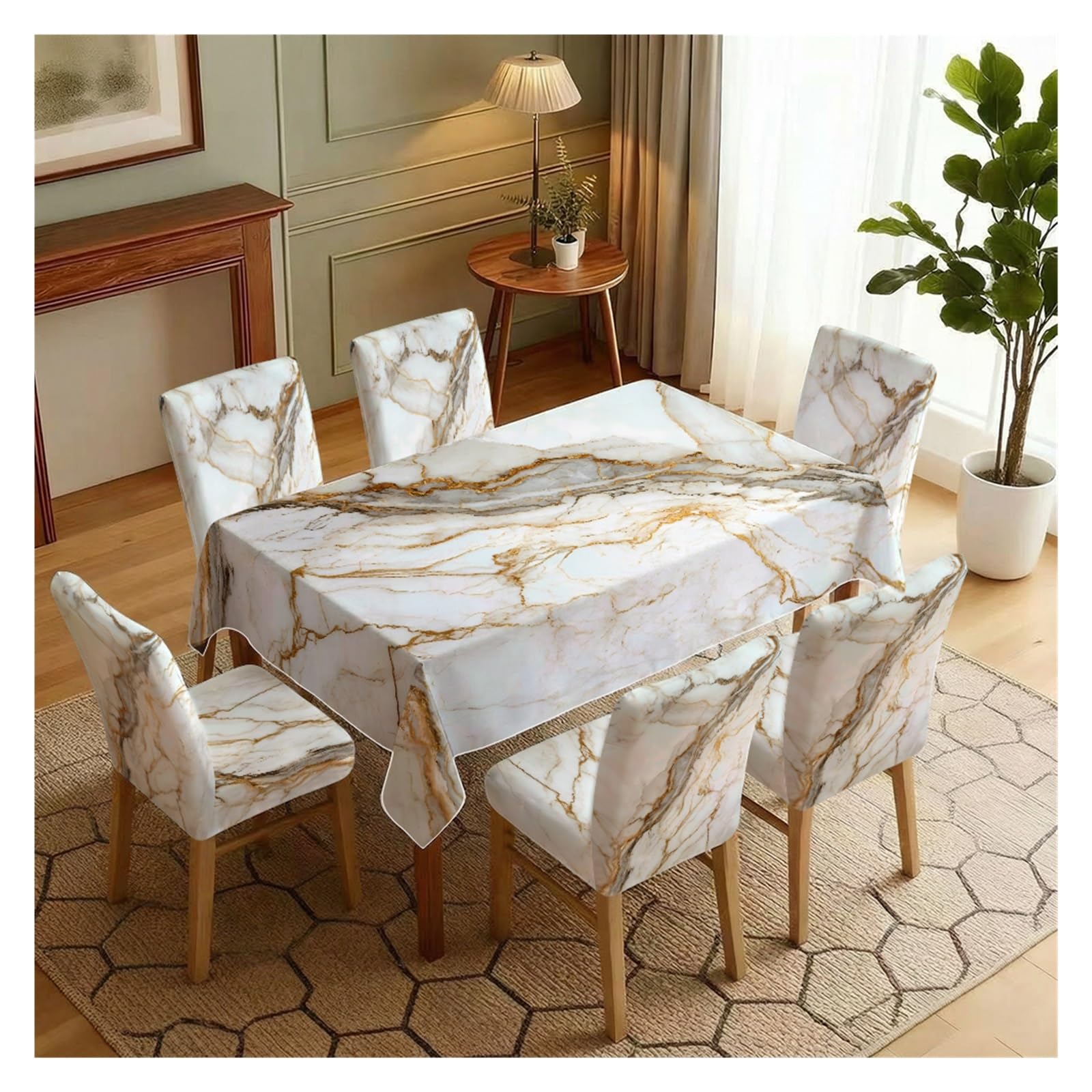 BOSUYBN White Gold Marble Texture Printed Dining Tablecloth & Chair Covers Set, 5/7 Piece Modern Light Luxury Home Decor Table Setting(7pcs Set: Tablecloth+Chair Covers)