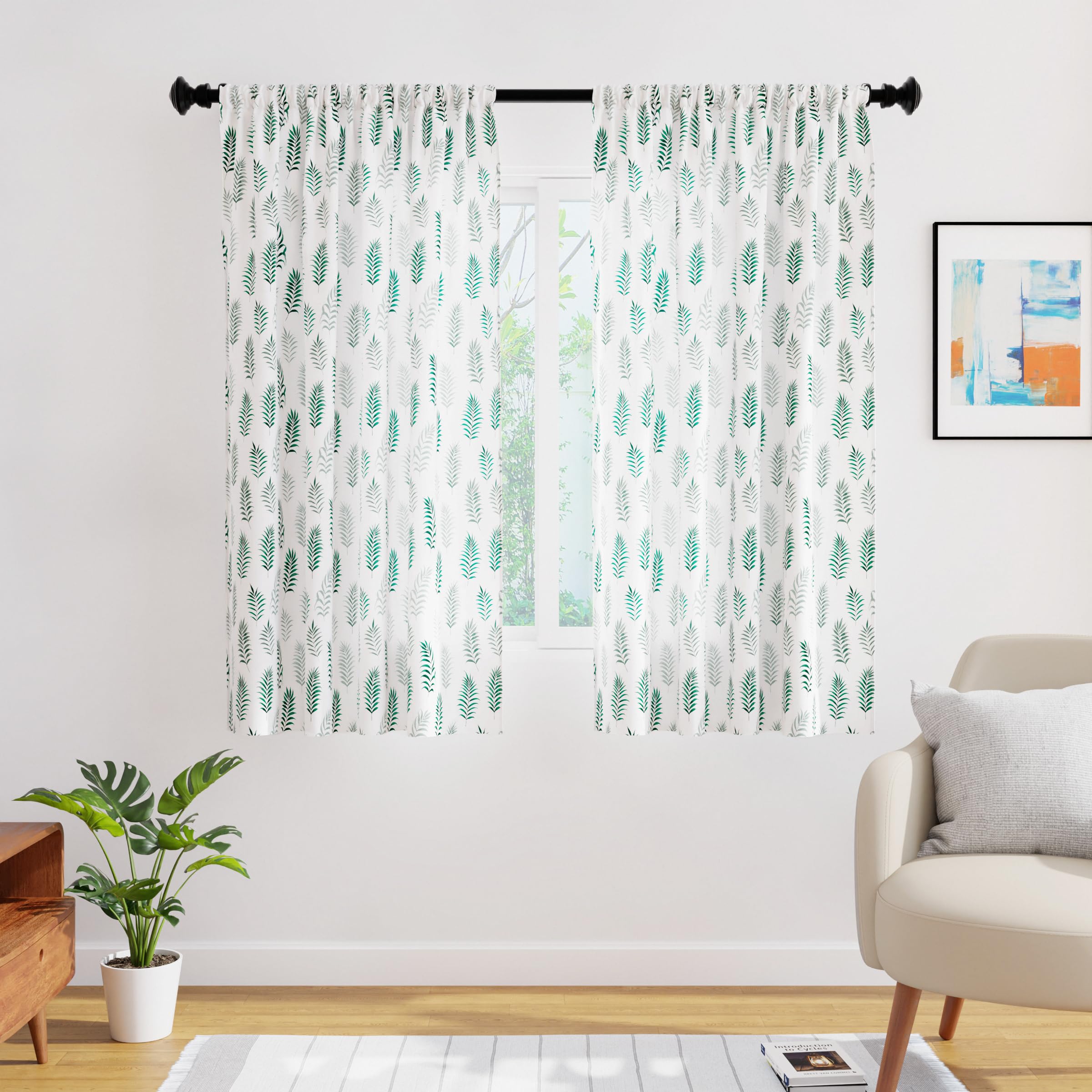 Encasa XO Window Curtain 5 ft Set of 2, Polyester Printed with Rod Pocket, Tie Back, Light-Filtering, Semi Sheer/Transparent Curtains- Kitchen, Bedroom, Living Room (140x152 cm), Palm Green-image-27