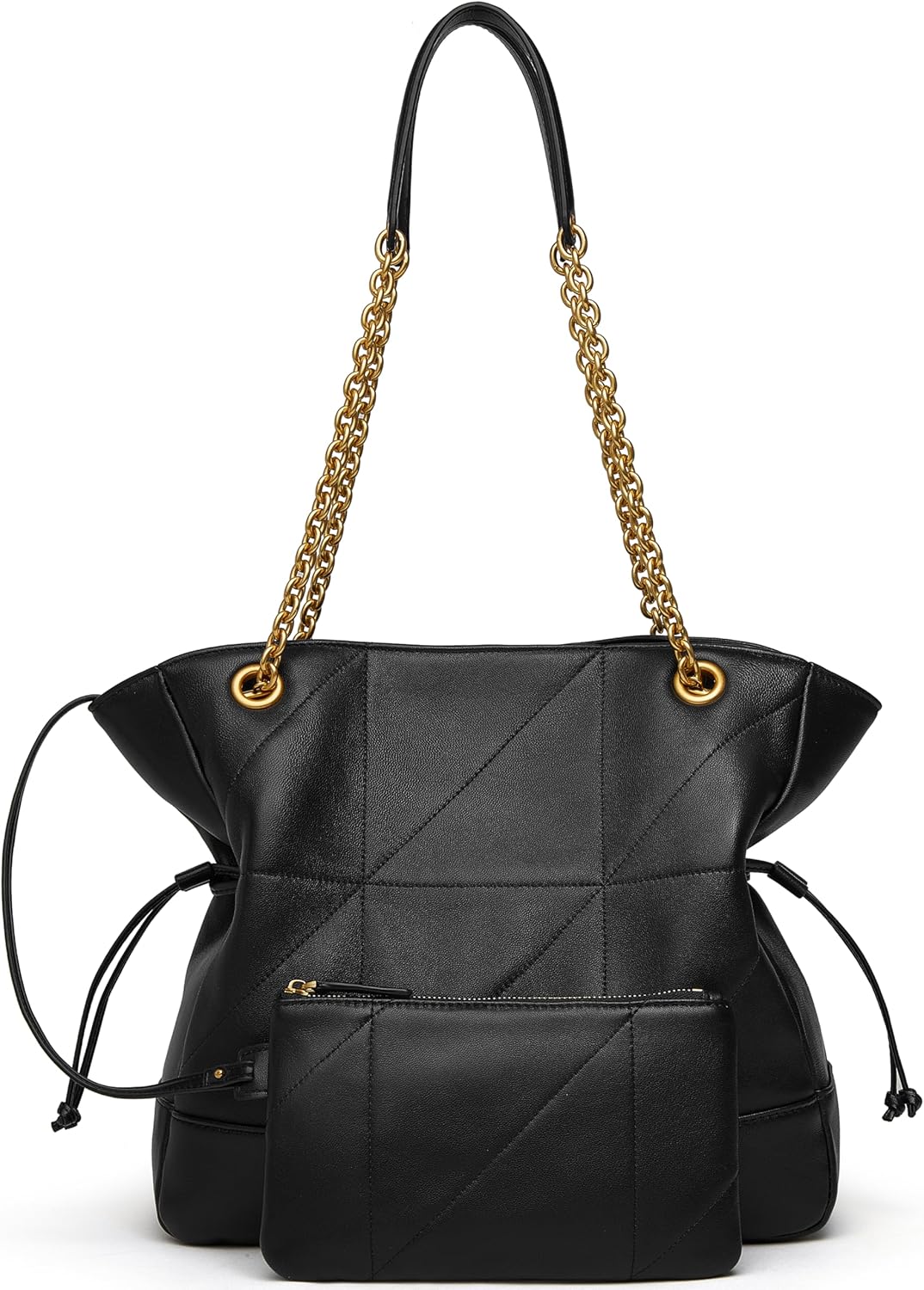 DORIS&JACKY Leather Quilted Tote Bag for Women Soft Designer Lambskin Shoulder Chain Purse With 1 Small Clutch Pouch