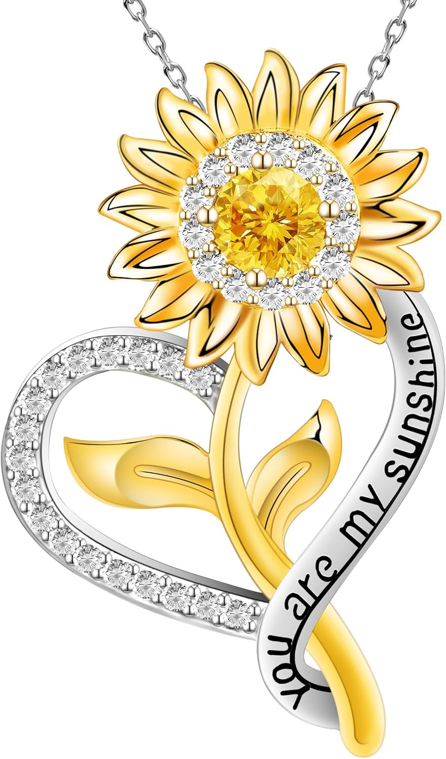 Sunflower Necklaces for Women, 18K Immersion Gold You Are My Sunshine Necklace, 925 Sterling Silver Sunflower Gifts for Women with Cubic Zirconia for Mom Wife Girlfriend, 17" Chain Length+1" Extender