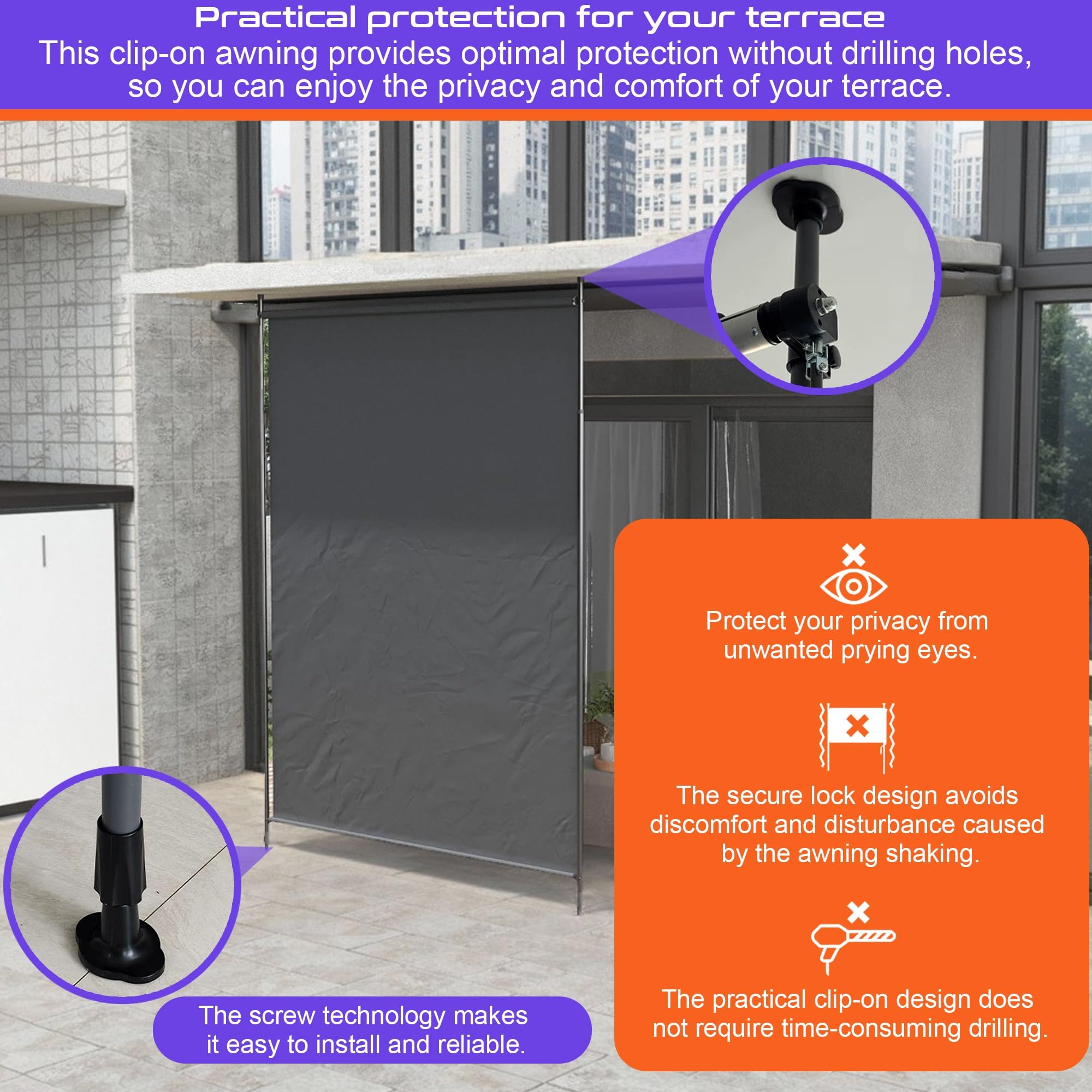 Wysuwane patio z regulacją wysokości, rolety zewnętrzne z ręczną korbą, wodoodporna tkanina blokująca promienie UV, na taras, podwórko, balkon, zaciemniająca, biało-szara, 150 cm