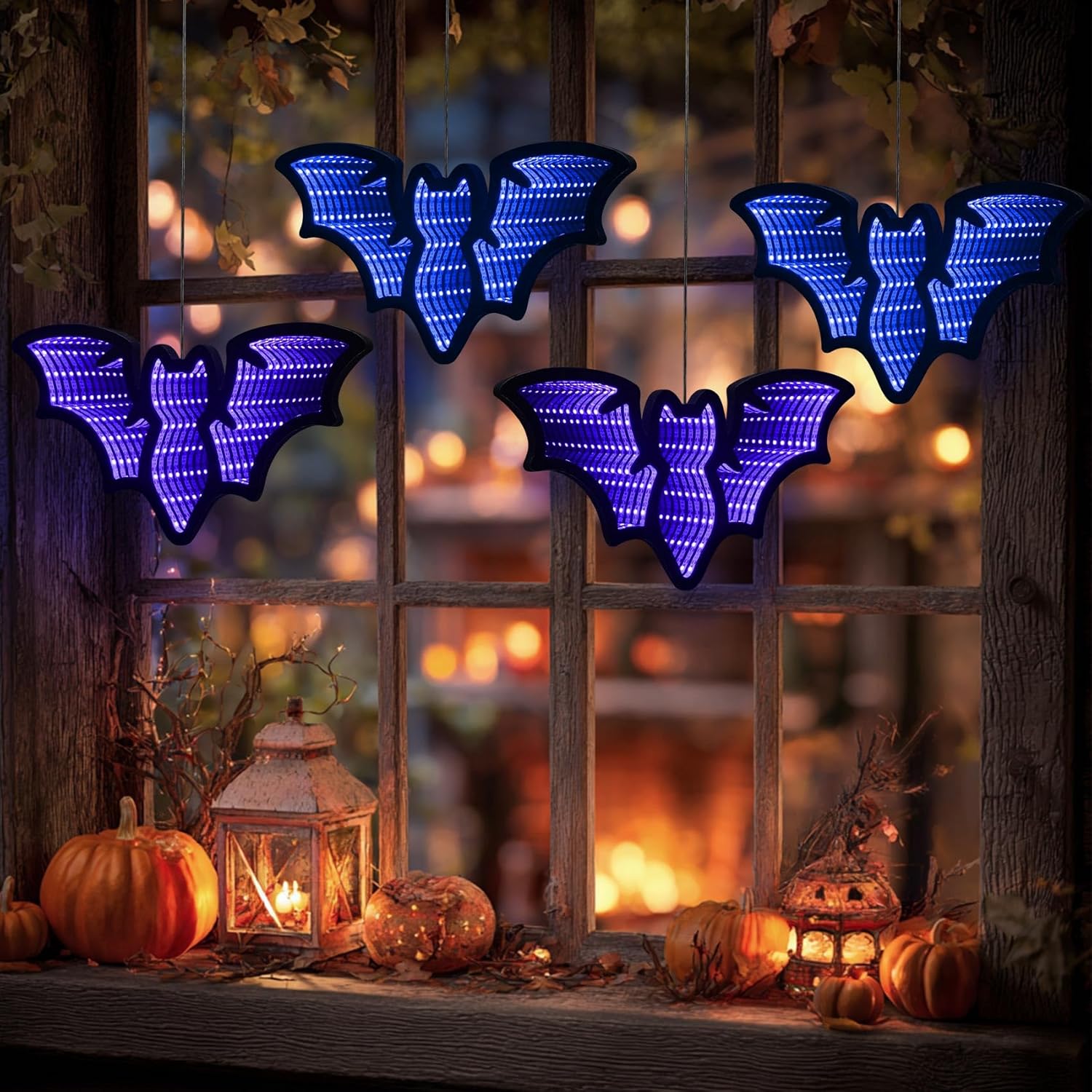 Halloween Décor 4 Bats Infinity Lights with USB Powered, 10.42FT 3D Infinity Mirror String Lights, Halloween Indoor Decorations for Window Wall Outdoor Party Room