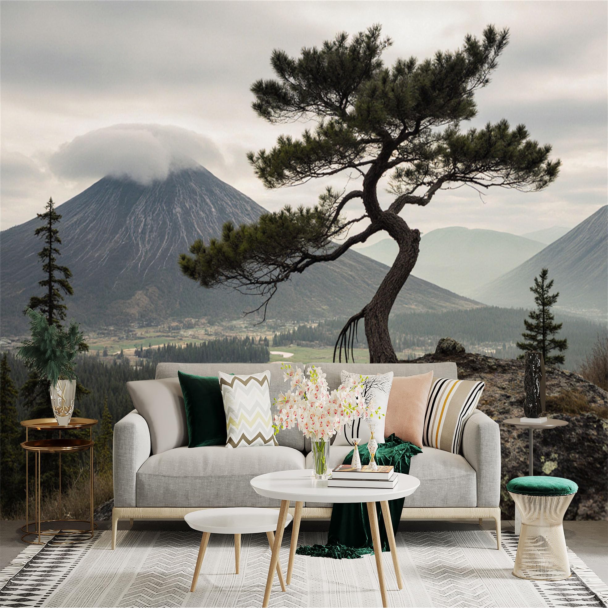 Lnzczhyre Xc260505134 Custom Size Wall Sticker Mural， Scenic Mountain Landscape， Lone Pine Tree On Rocky Cliff， Misty Valley View， For Wall Decoration， Peelandstick Wall Decals.