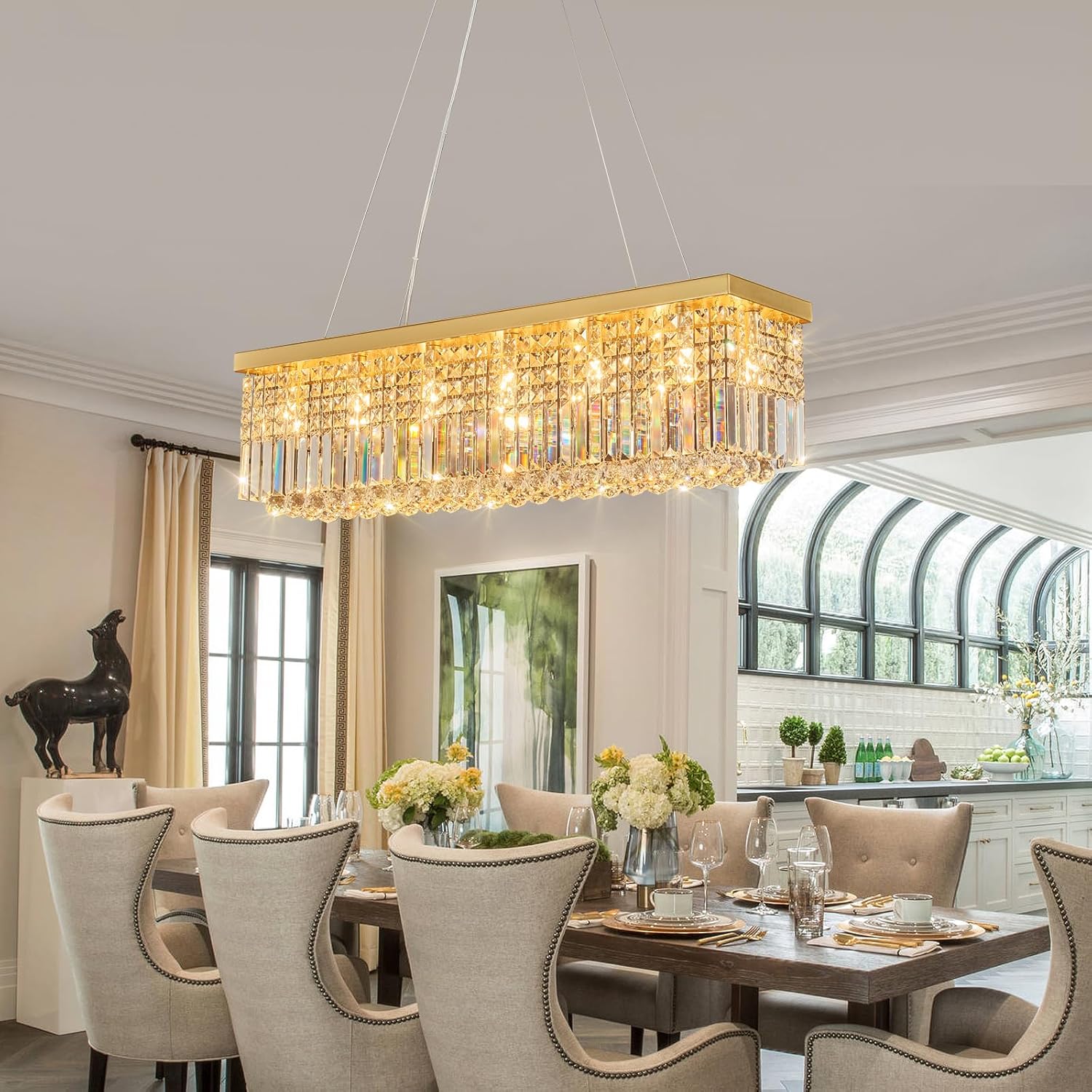 Modern Gold Chandeliers Rectangular Crystal Chandelier 39.37in Ceiling Pendant Light for Kitchen Island Living Room Dining