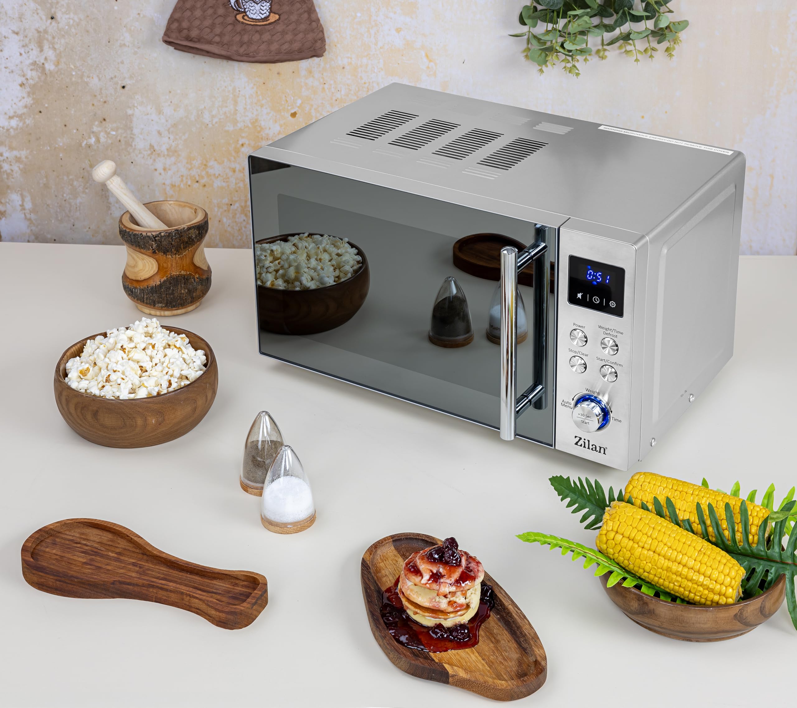 Micro-ondes 20 l - Miroir avant chromé avec 8 programmes automatiques - 6 niveaux de puissance - Écran LED - Fonction décongélation - Sécurité enfant - Minuterie - Cuisson express - Silent Mode