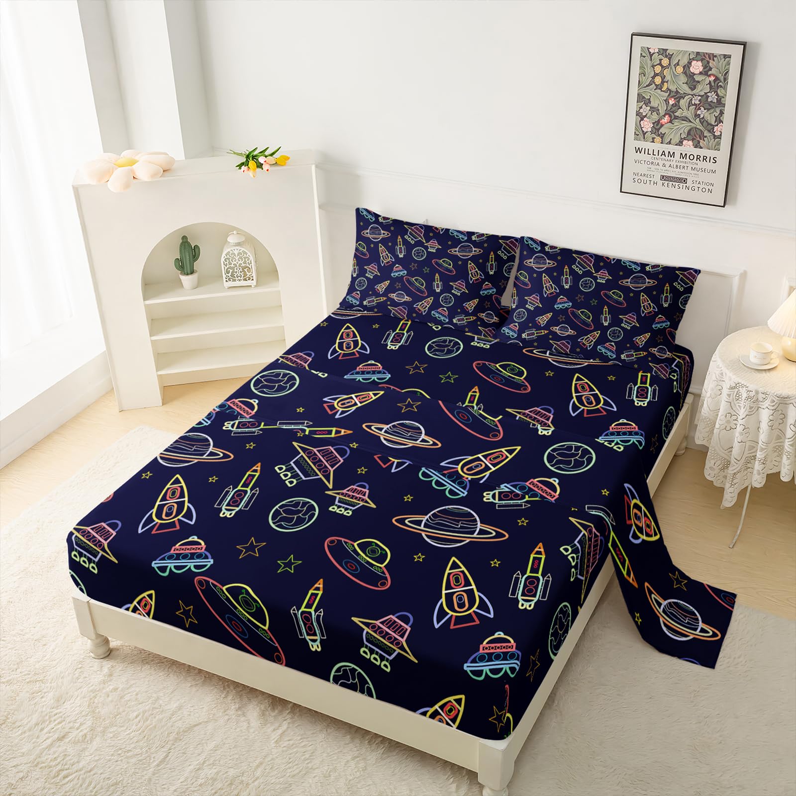 QOOMO Color Planet Kids Sheets Sets, Breathable Bed Set Cartoon Rocket Room Decoration for Boys,Queen Bedding Set Flat Fitted Sheets Set, 1 Fitted Sheet, 1 Flat Sheet, 2 Pillow Cases