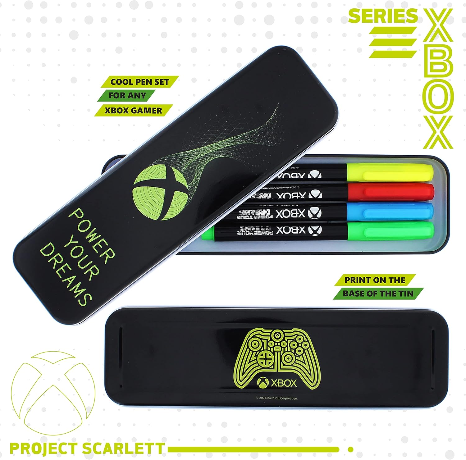 Xbox Stationery Gift Set 4 x Fineliner Pens and Pencil Tin X Box