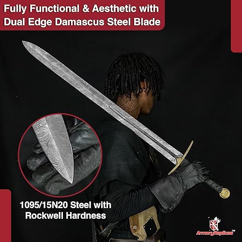 Miniatura 4 de s Viking Einherjar Espada de espiga completa - Hoja de acero de Damasco (400-520 capas) con mango envuelto en cuero, protector de latón y pomo,