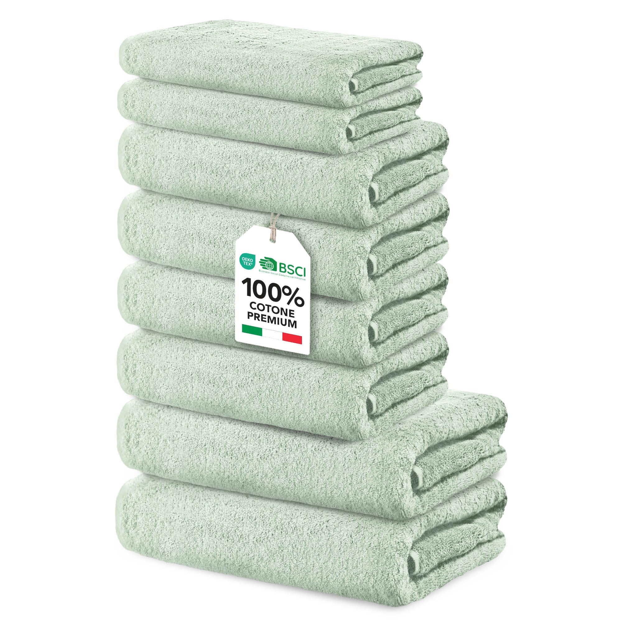 Ôhm Set Asciugamani 8 Pezzi Cotone Salvia | Set bagno 8 pezzi 100% cotone 500 g/m², asciugamani coordinati, morbidi e assorbenti, certificato Oeko-Tex