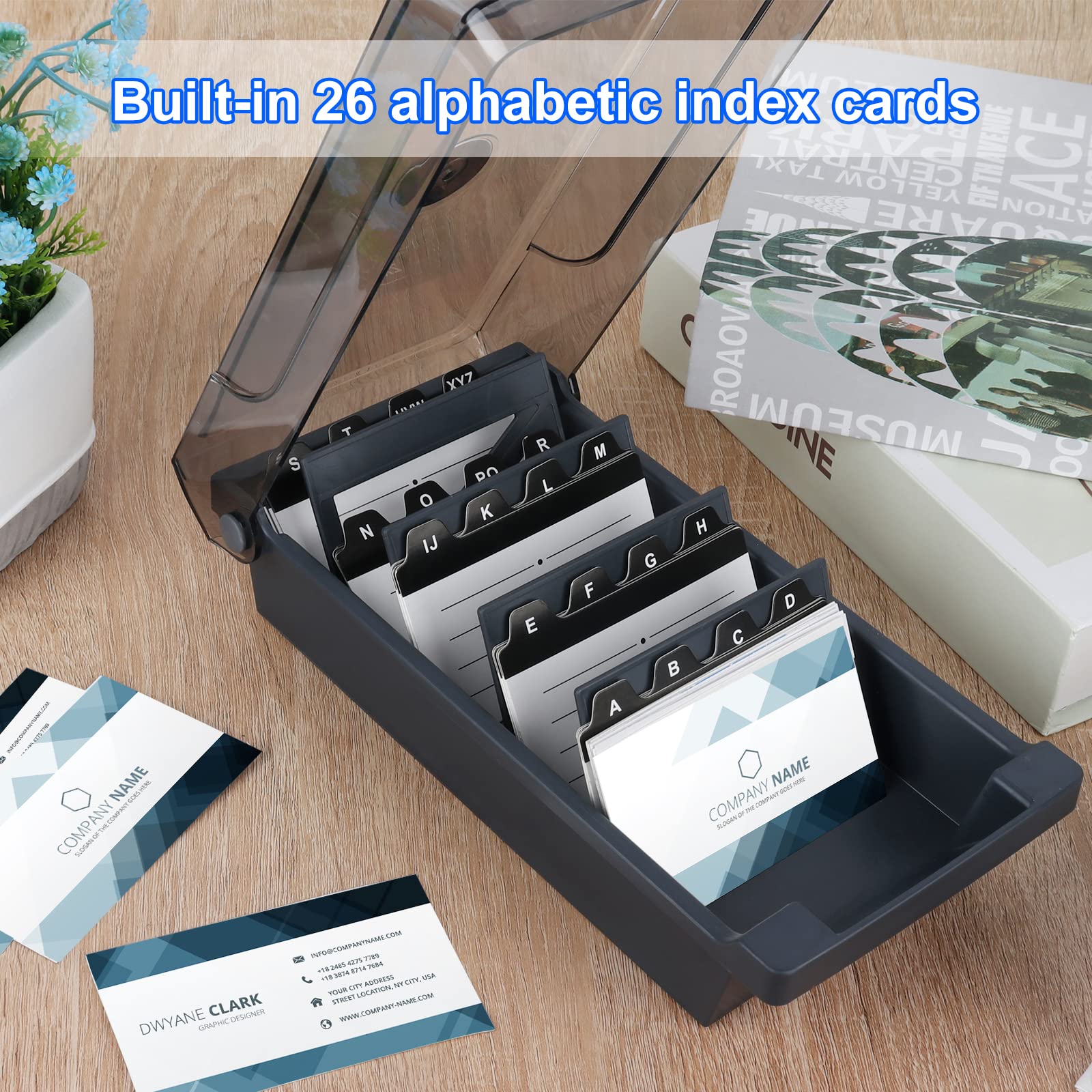 Visitenkartenbox,Visitenkarten Aufbewahrungs Box,Kapazität Visitenkarten Aufbewahrungs Box für Visitenkarten mit 4 Teilerplatinen und A-Z Index Registerkarten, Hält 500 Karten (Grau)