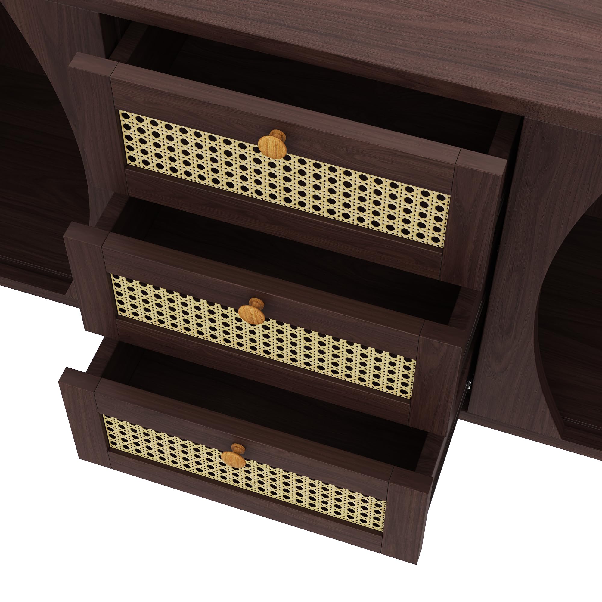 Merax Rattan Sideboard Kommode mit 3 Rattan Schubladen und 2 Schiebetüren, Sideboard Holz Küchenschrank Buffet mit verstellbaren Einlegeböden, gewölbter Platte Design, Walnuss/140.5x40x76cm