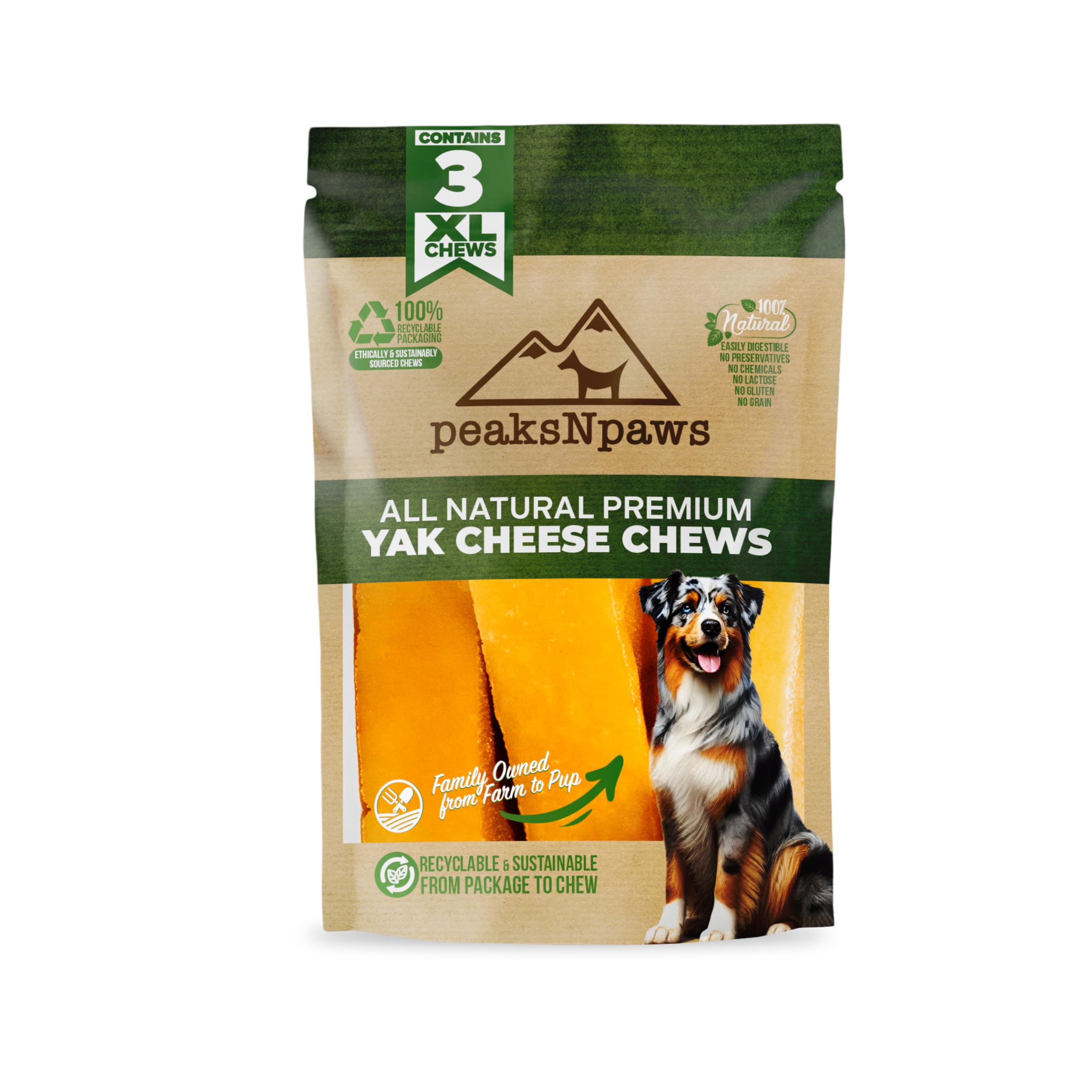 peaksNpaws Yak Cheese Himalayan Dog Chews, High Protein, Natural Dog Treats Large Breed, Lactose Free Chew Sticks for Aggressive Chewers, Long Lasting Pet Treat for Dogs Under 80 lbs, 3 X-Large Chews