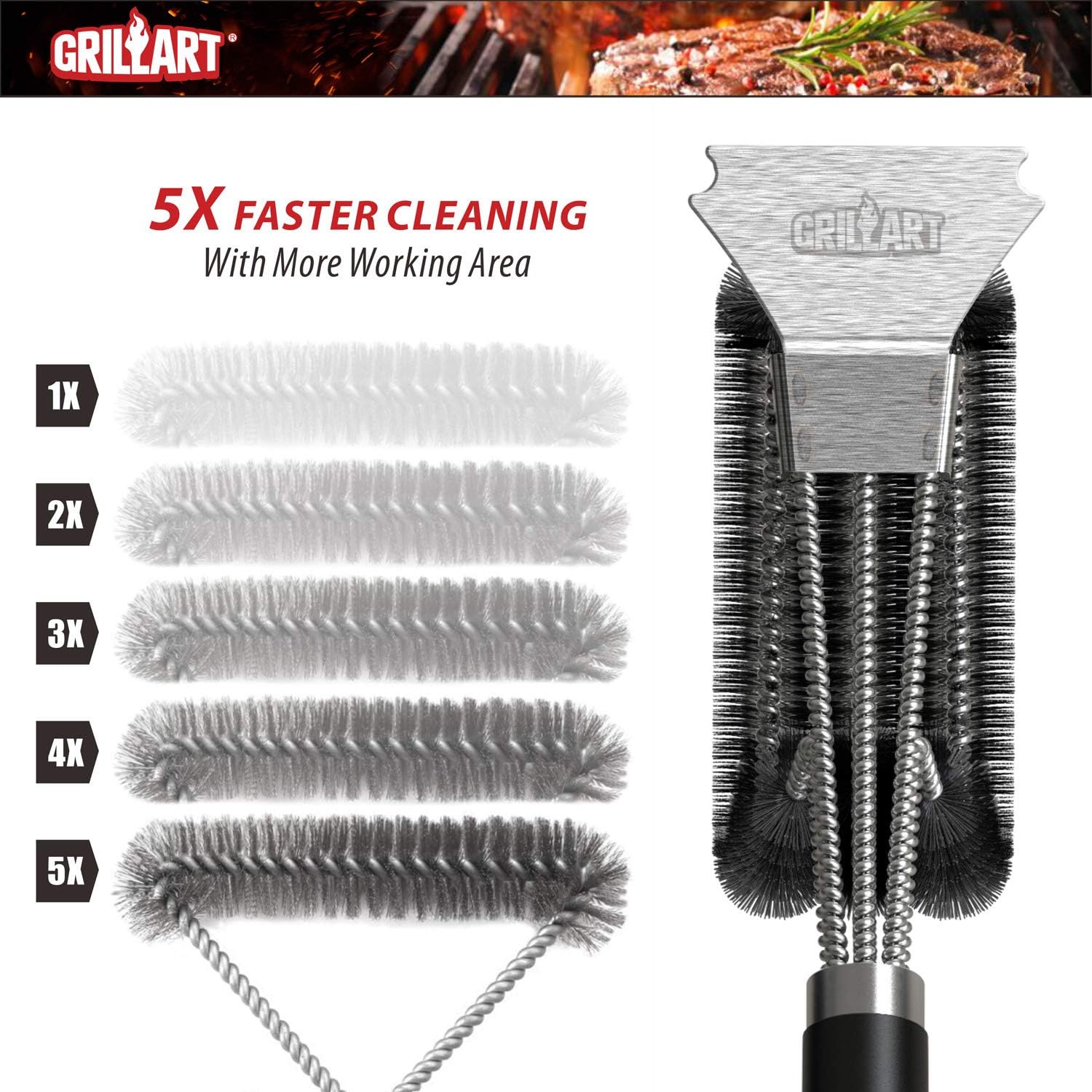 GRILLART Grill Brush and Scraper with Deluxe Handle - Safe Stainless Steel Wire Grill Brush for Gas Infrared Charcoal Porcelain Grills - BBQ Cleaning Brush for Grill Grate Cleaner : Patio, Lawn & Garden