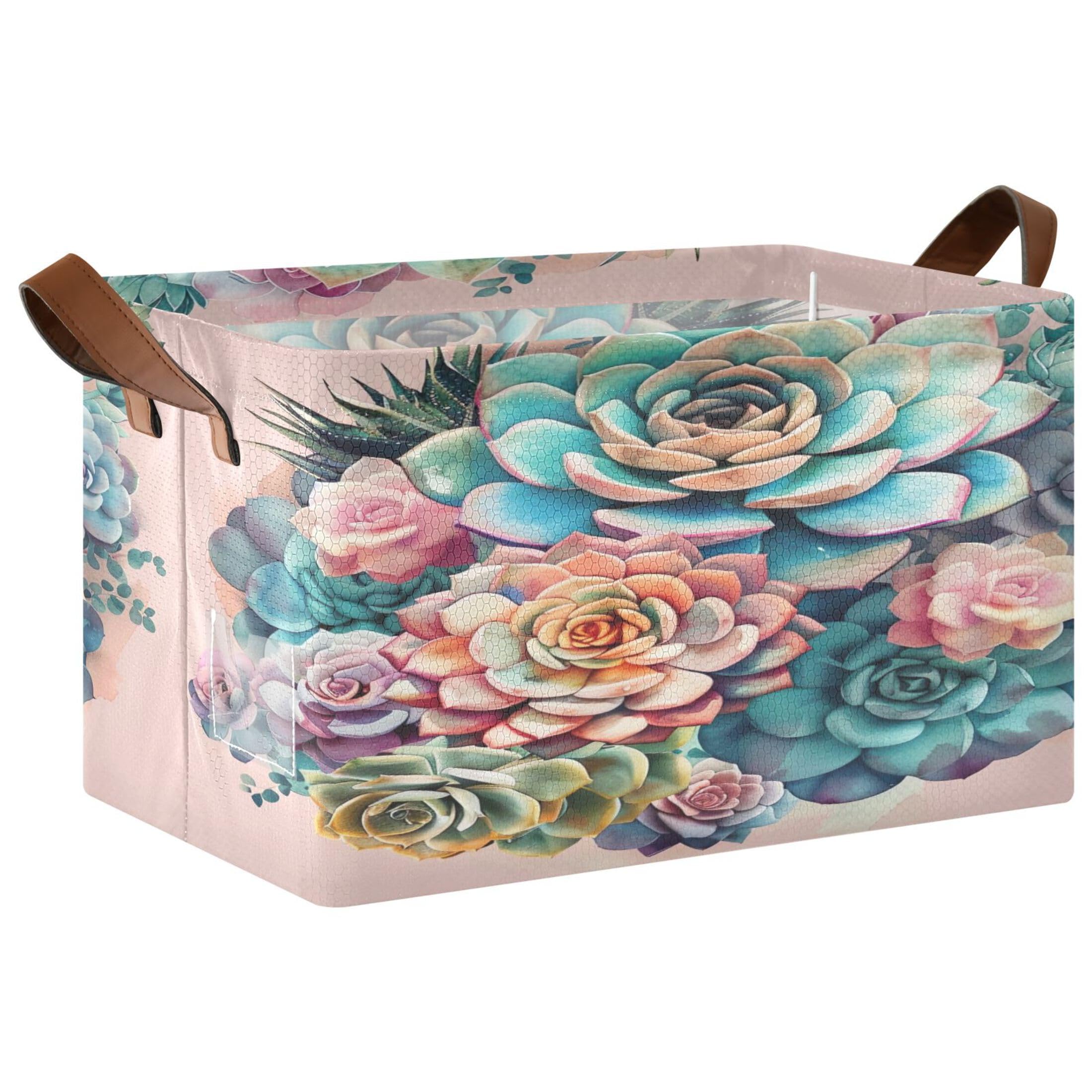 Kutsu Foldable Storage Basket Retro Succulents Collapsible Storage Bin with Handles for Shelves, Rectangle Basket for Home Nursery Decor, 16.9x11.4x10 in
