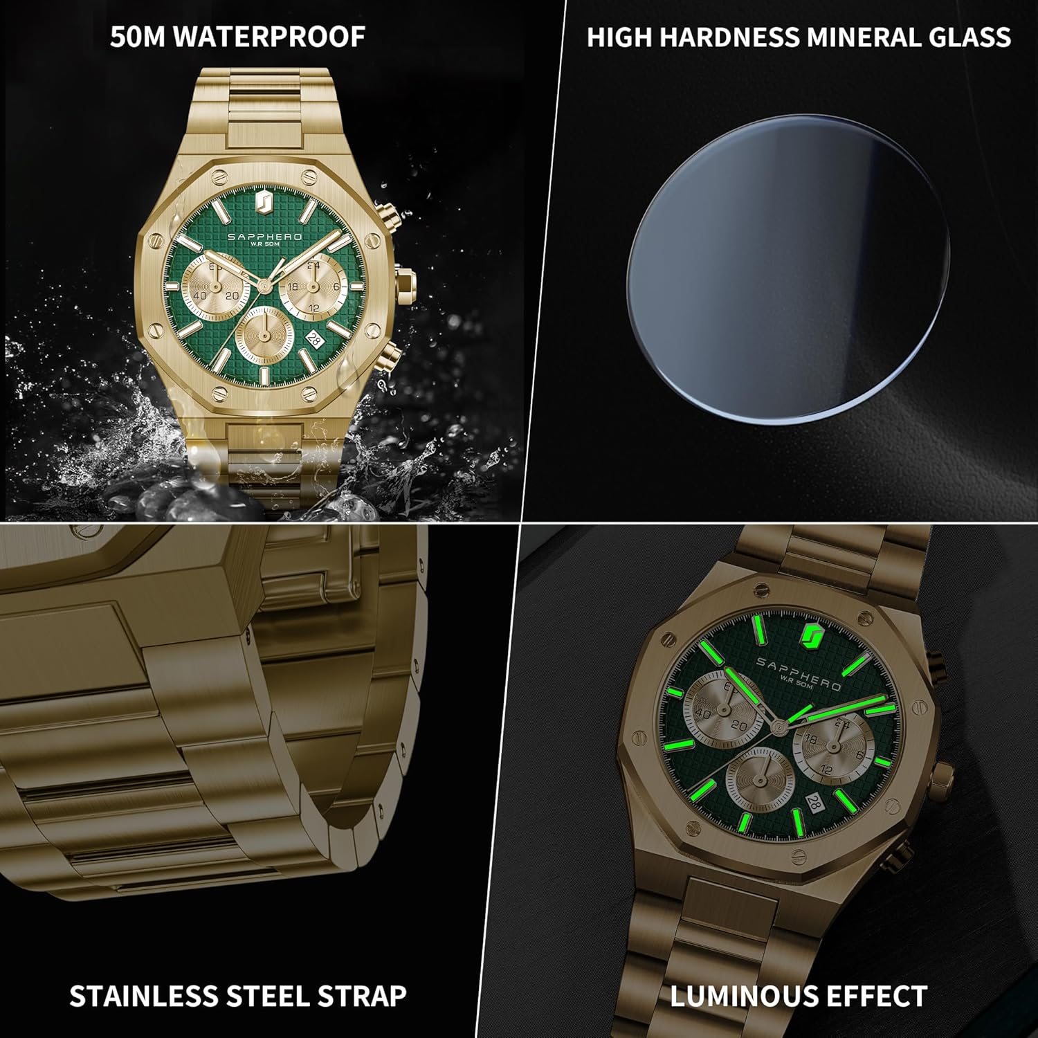 SAPPHERO Men's Chronograph Watches Analog Quartz Movement Stainless Steel Business Wrist Watches Fashion Luxury 50M Waterproof Mens Gifts - Image 6