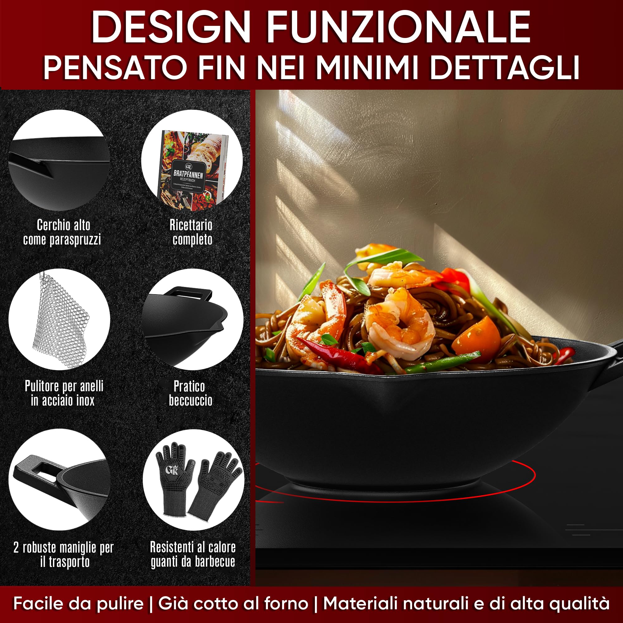 GUSSKÖNIG Wok in Ghisa - 36 cm, Wok Cinese Originale per gas, fornello, Wok Induzione. Include anello in acciaio inox per la pulizia, guanti da grill e libro di ricette-padella ghisa