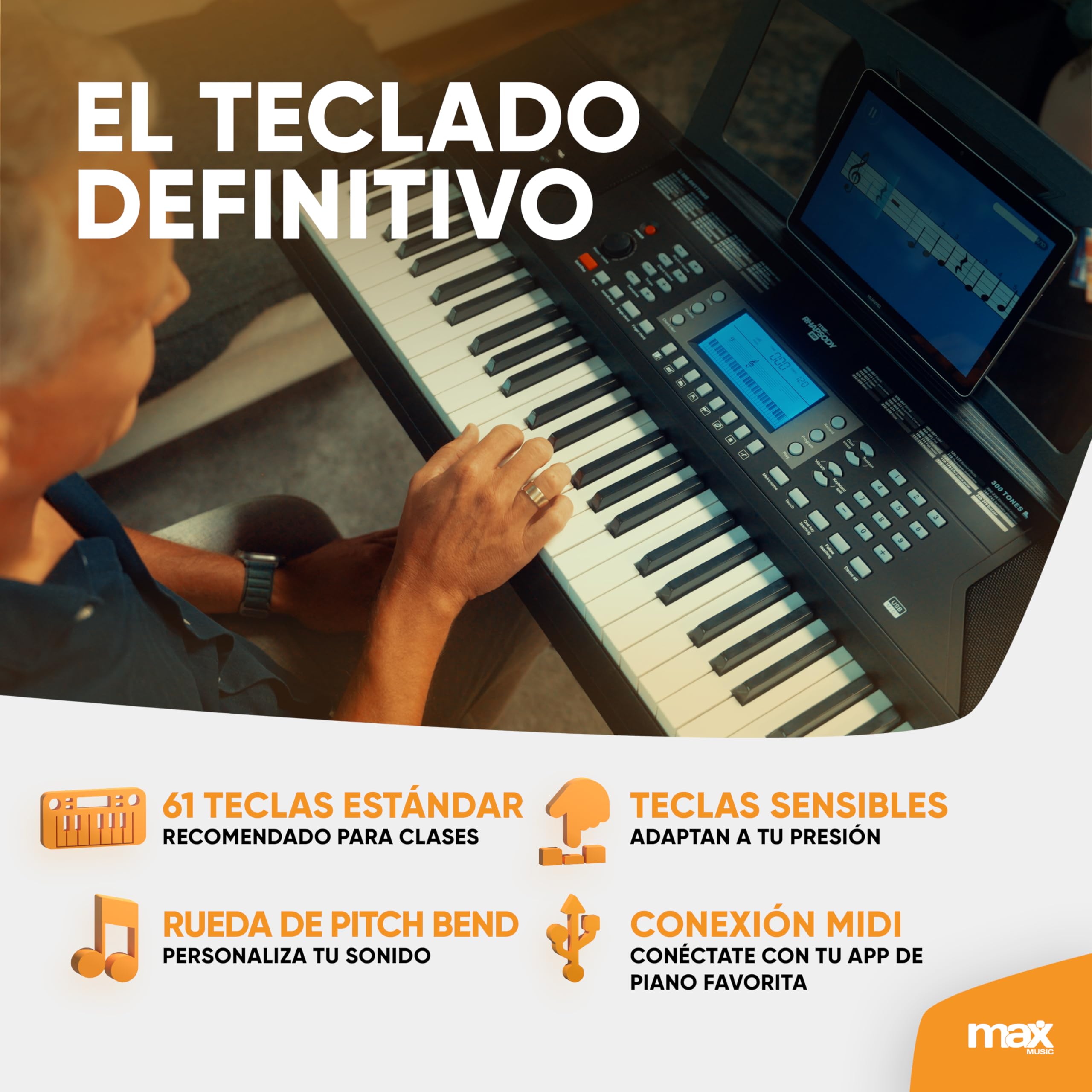 MAX Rhapsody61P - Teclado Piano eléctrico de 61 teclas sensibles, función de aprendizaje, altavoces, pantalla, 50 canciones de demo, para principiantes y profesionales, 300 sonidos, 8 percusiones