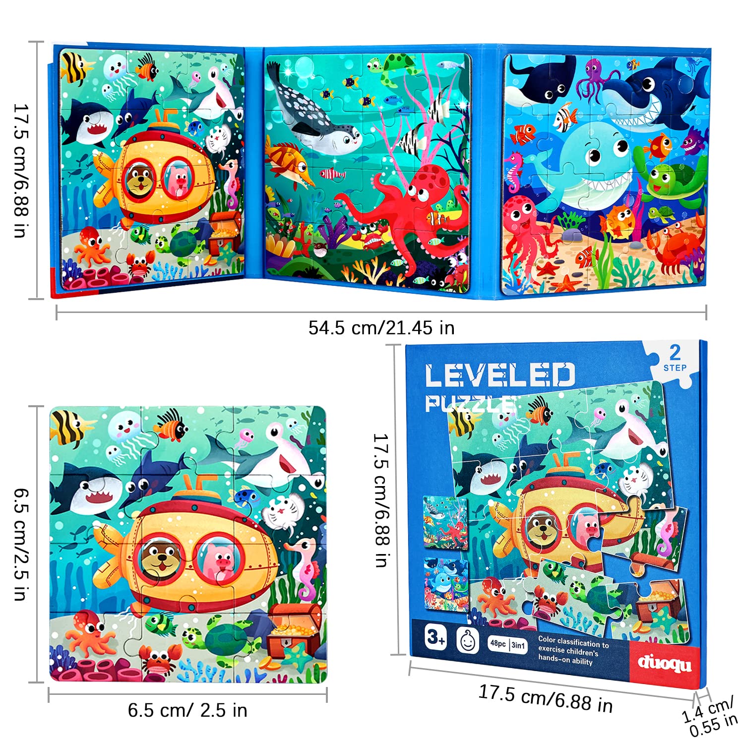 BBLIKE Puzzle Magnetici per Bambini dai 3 Anni in su, Puzzle 3-in-1, Puzzle con Animali in Legno Libro per Bambini, Giochi da Viaggio Giocattoli per Bambini di 3 4 5 Anni Ragazzi e Ragazze(oceano)
