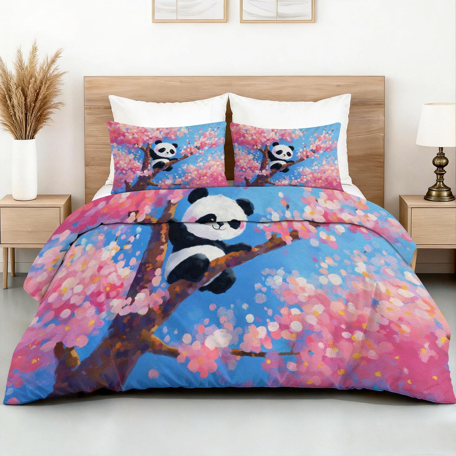 Juego de funda nórdica con diseño de animales y flores, cómodo juego de cama para niños, adolescentes y niñas, funda de edredón transpirable con diseño de panda, flor de cerezo, 200 x 200 cm, funda