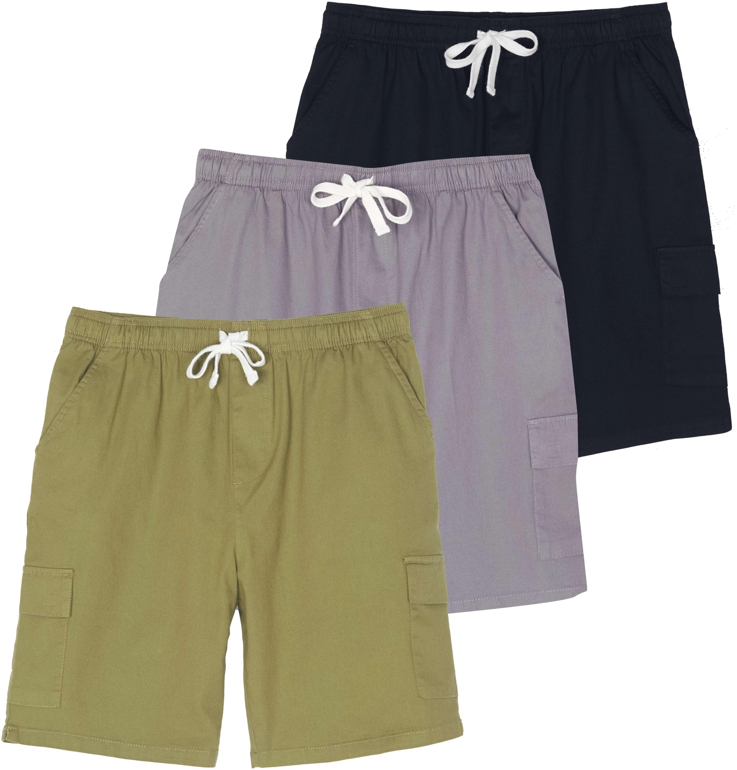 Real Essentials 3 Pack: Men's Cotton 9" Cargo Shorts - Elastic Waistband with Drawstring & Pockets