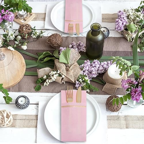 Miniatura 8 de Nervure 175 platos de plástico color oro rosa transparente, platos desechables color rosa y 100 servilletas de papel rosa con bolsillo integrado