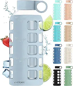 purifyou 40oz / 32oz / 22oz / 12oz Borosilicate Glass Water Bottle with Time & Volume Markers, Silicone Sleeve, Stainless Steel Lid | Reusable Glass Bottle for Water & Juice (22oz Ice Blue)
