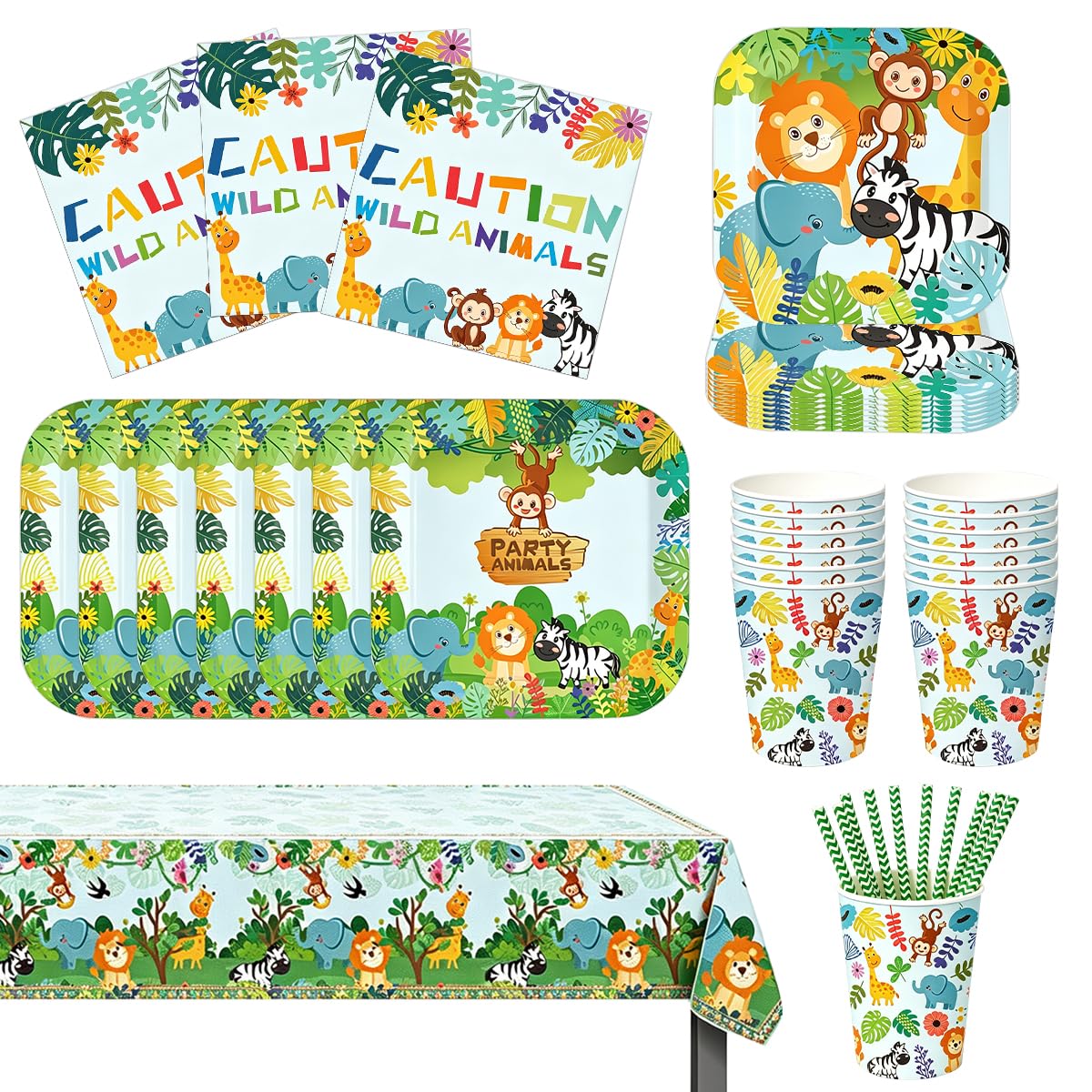 ZOOMPIL 70pcs Jungle Safari Party Tableware (8 Guests), Animal Patterns