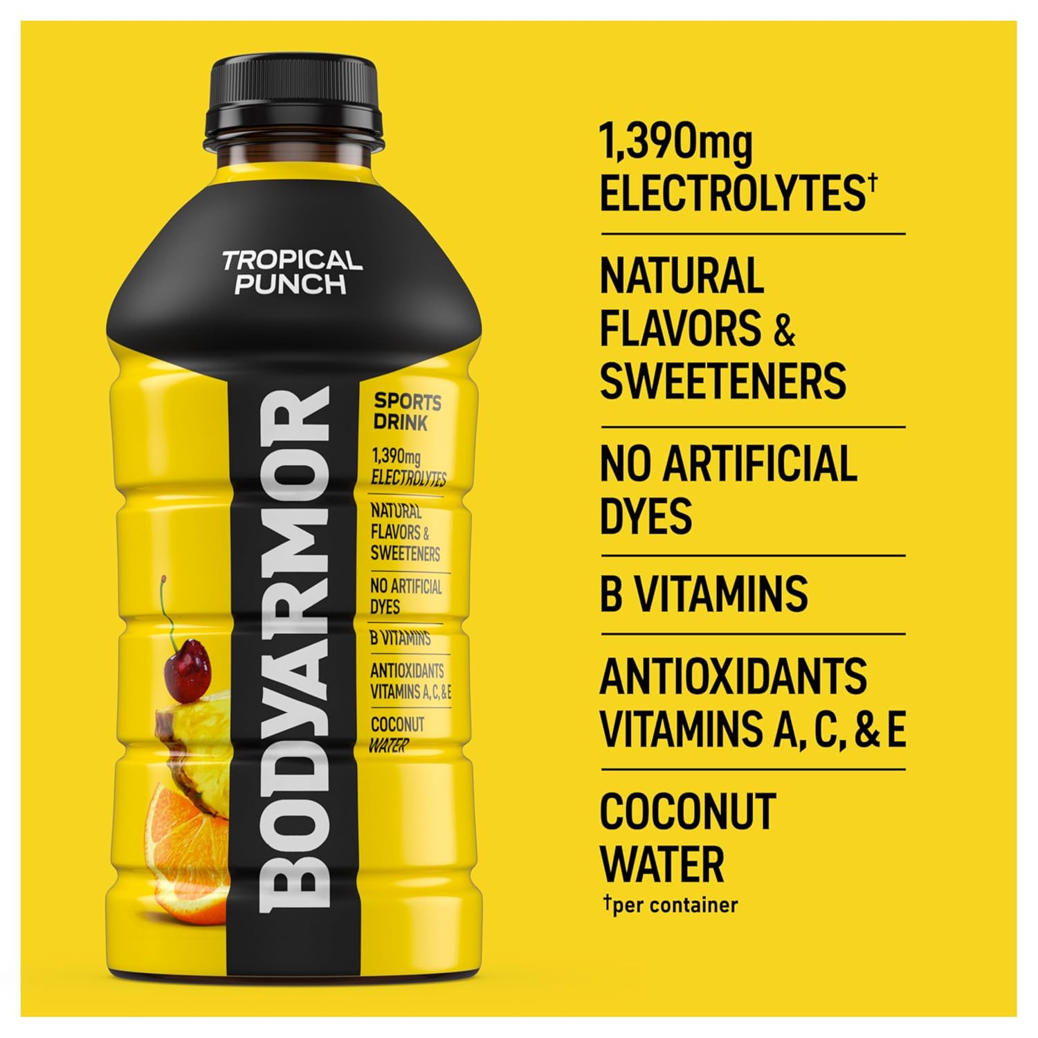 BODYARMOR Sports Drink, Tropical Punch, Electrolyte Drink Hydration, 28 Fl Oz Bottles (15 Pack), Flavored Coconut Water with B Vitamins & Antioxidants