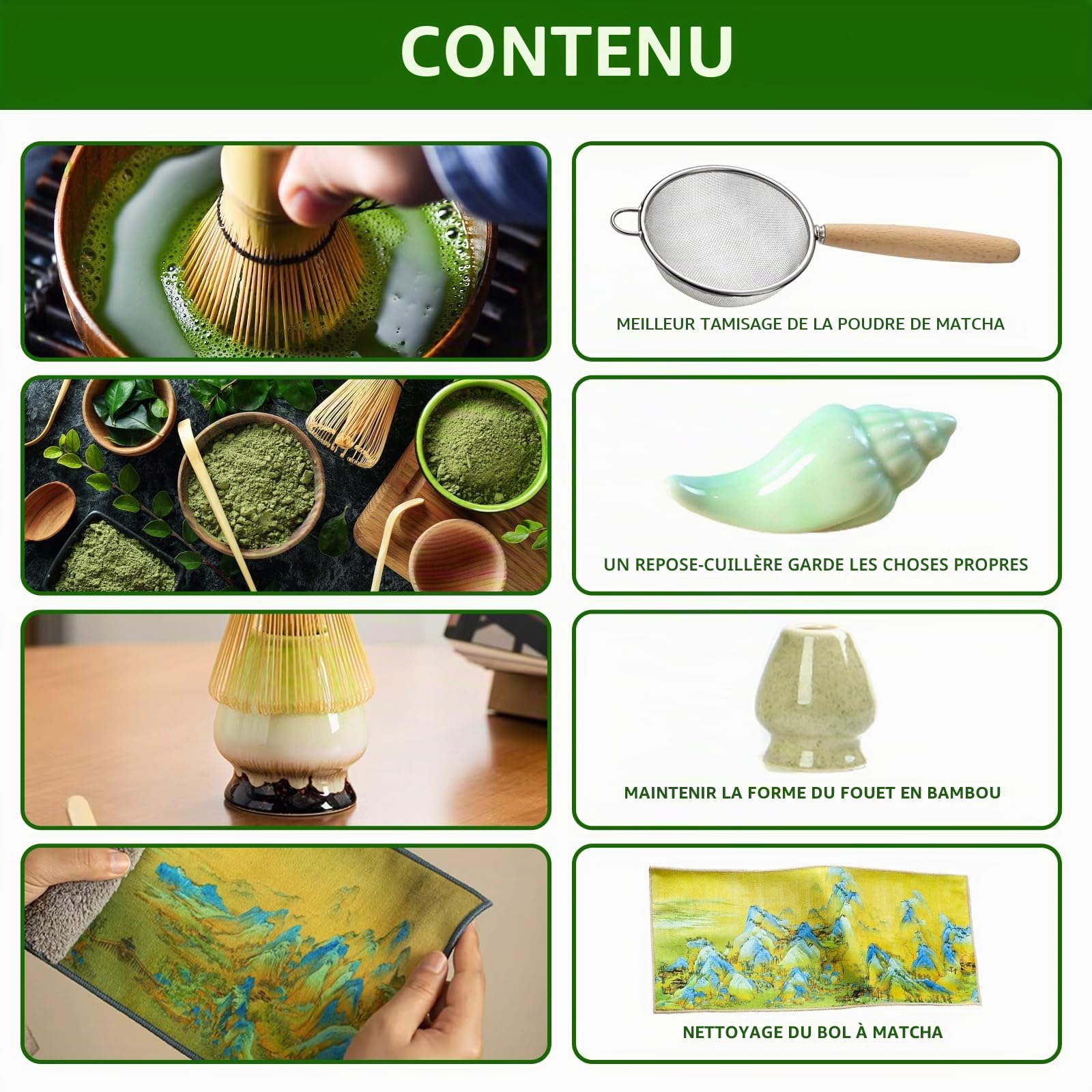 Matcha kit Matcha Whisk Set Accessoire de cérémonie du Matcha Japonais 9 pièces Bol Matcha avec Bec Fouet au Matcha Ouillère à Thé Kit de Fabrication de Thé (Vert Magique kit)