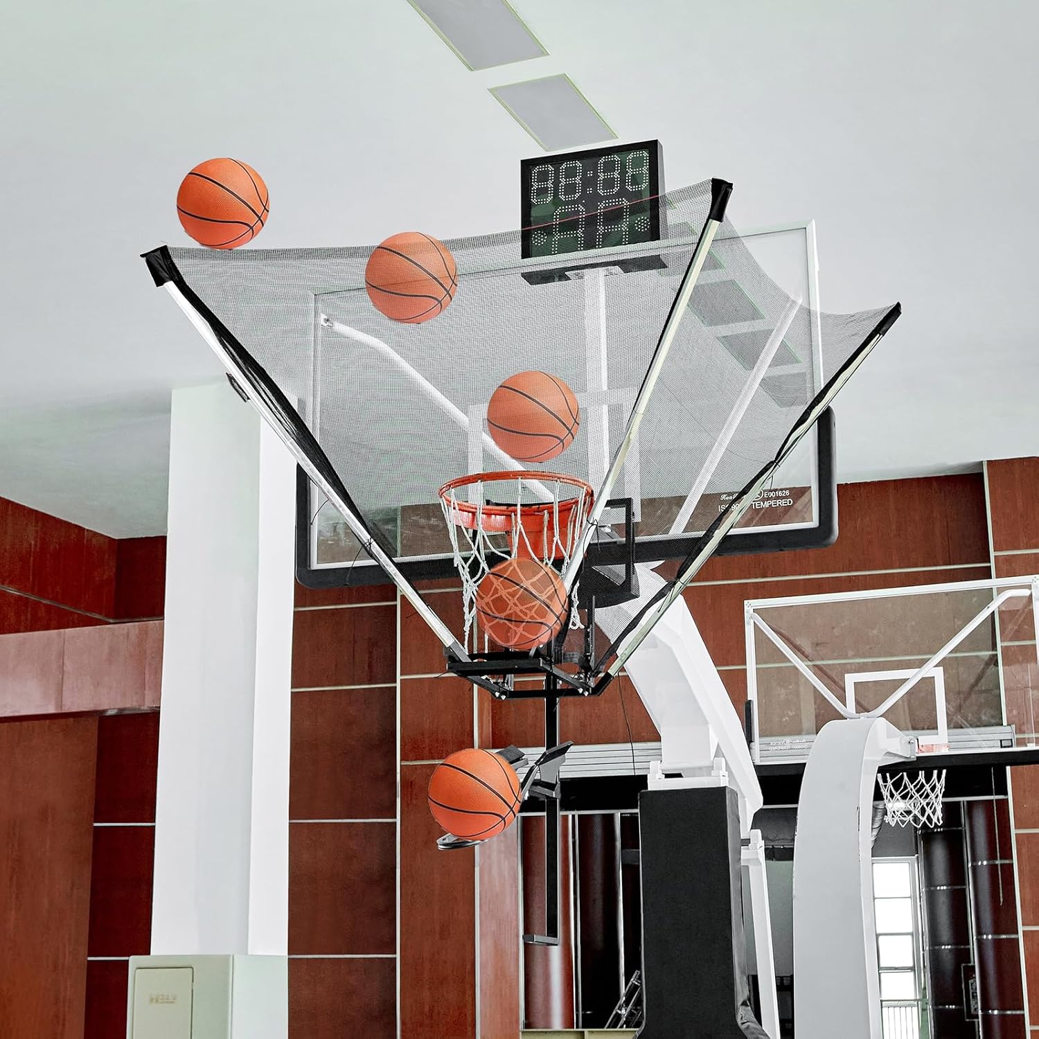 Basketball Shot Trainer with 180° Rotating Return Chute, Basketball Rebounder Net Return System, Suspended Shooting Machine for Training