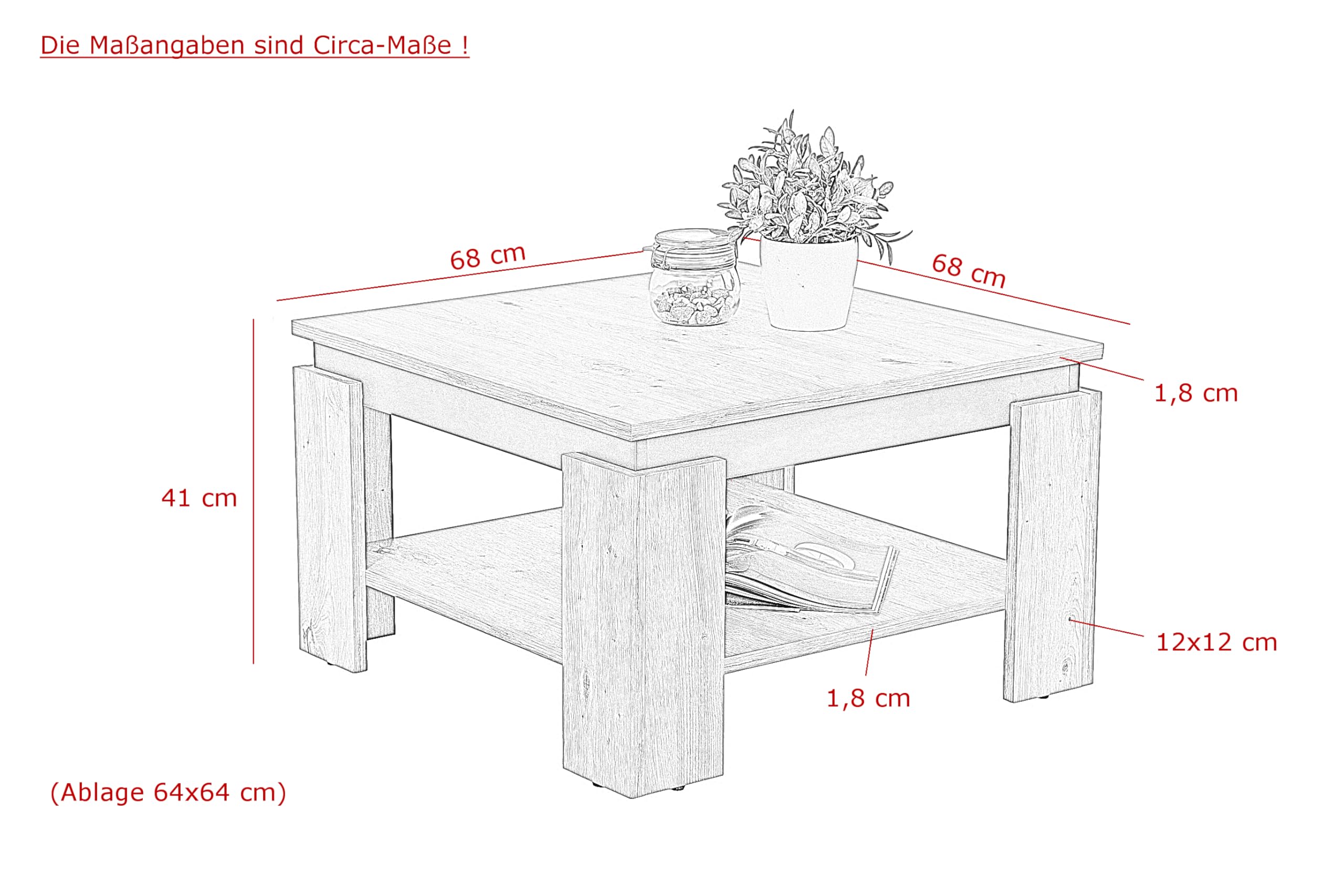 Hela Tische, Couchtisch Sofatisch Tim, Quadratisch, Holzwerkstoff melaminbeschichtet, farbiger Tischkranz, Betonoptik/Anthrazit, 68 x 68 x41cm